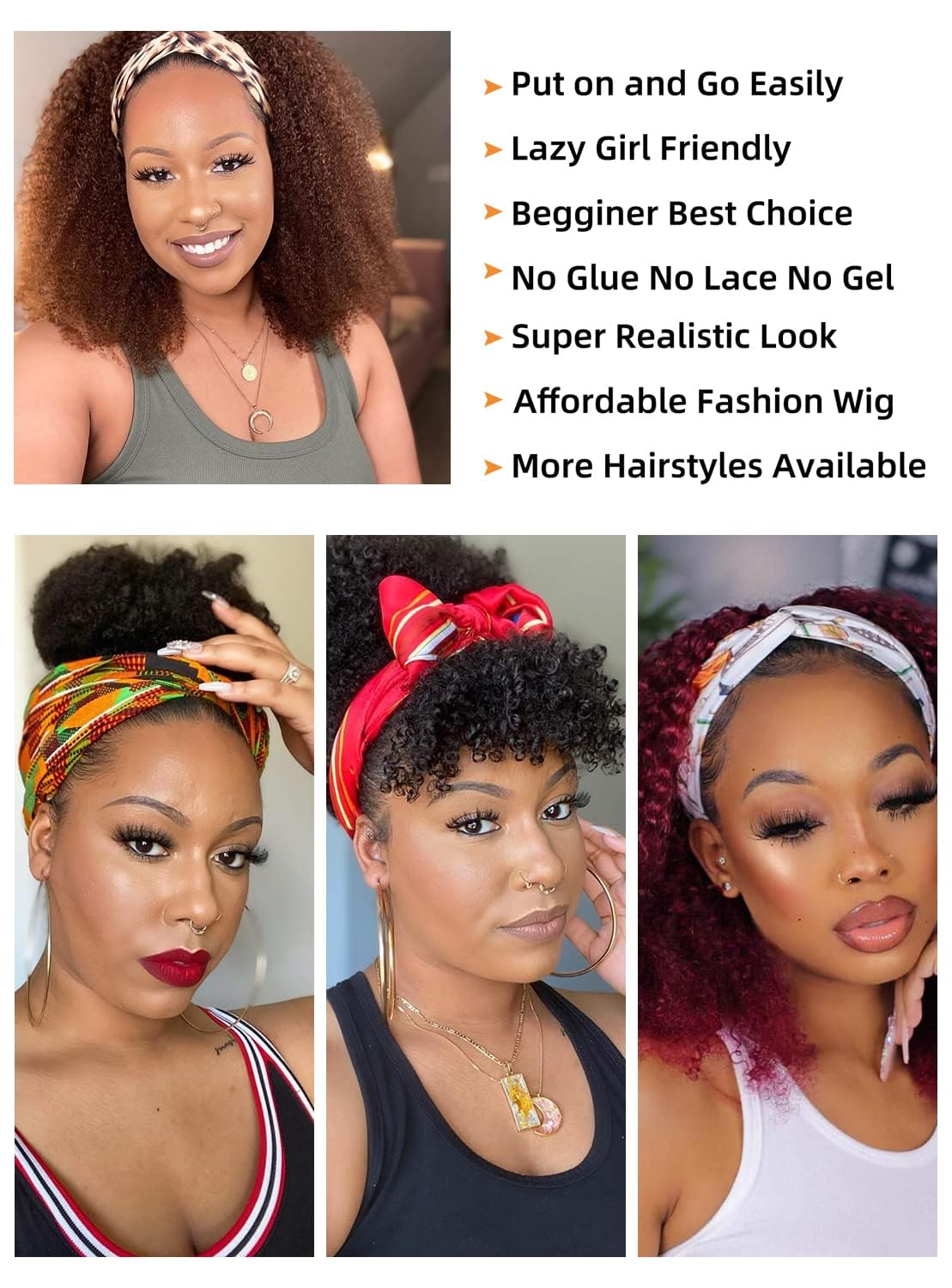 Romface 20Inch Headband Wigs Human Hair 180% Density Curly Wigs For Women 100% Glueless Wig, Black, 20 inch - Image 4