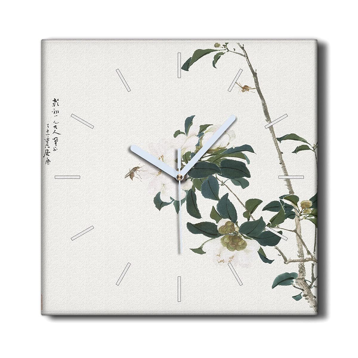Horloge sur Toile sans tic-tac 30x30cm - Horloge Murale Décoration de Salon Fleurs et Insectes