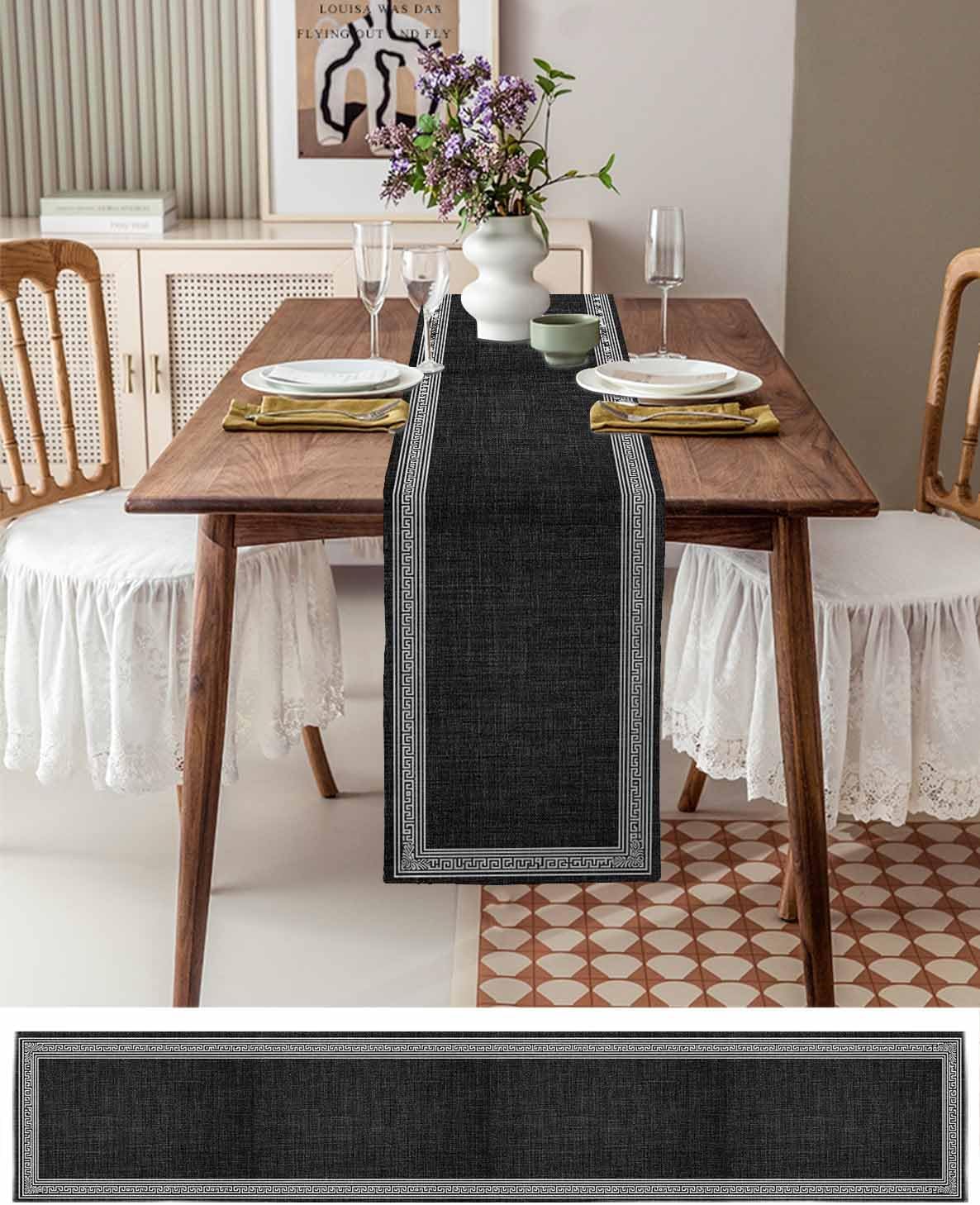 Table Runners-90 Inch Long,Greece Key Design Black White Linen Dresser Scarves Dining Table Runner Vintage Burlap Linen Tabletop Scarf for Home Kitchen Holiday Party Decor