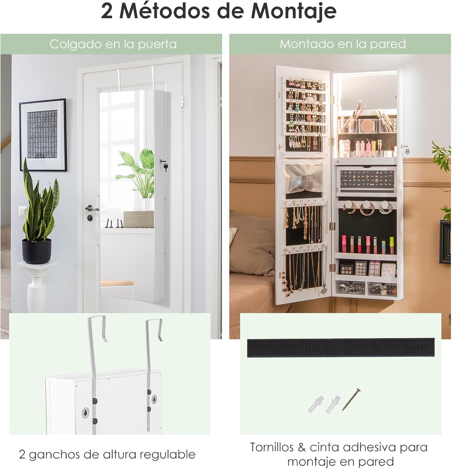 GOPLUS Armario para joyas con espejo, armario con espejo con luz LED de 3 colores, almacenamiento de joyas con cerradura, 37 cm x 10 cm x 135 cm (blanco)