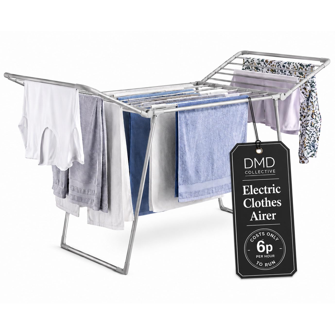 DMD Collective - Electric Heated Clothes Dryer, Folding Energy-Efficient, Indoor Airer Wet Laundry Drying Horse Rack, 15kg Capacity, 20 Heated Bars, Foldable Wings Low Wattage 230W