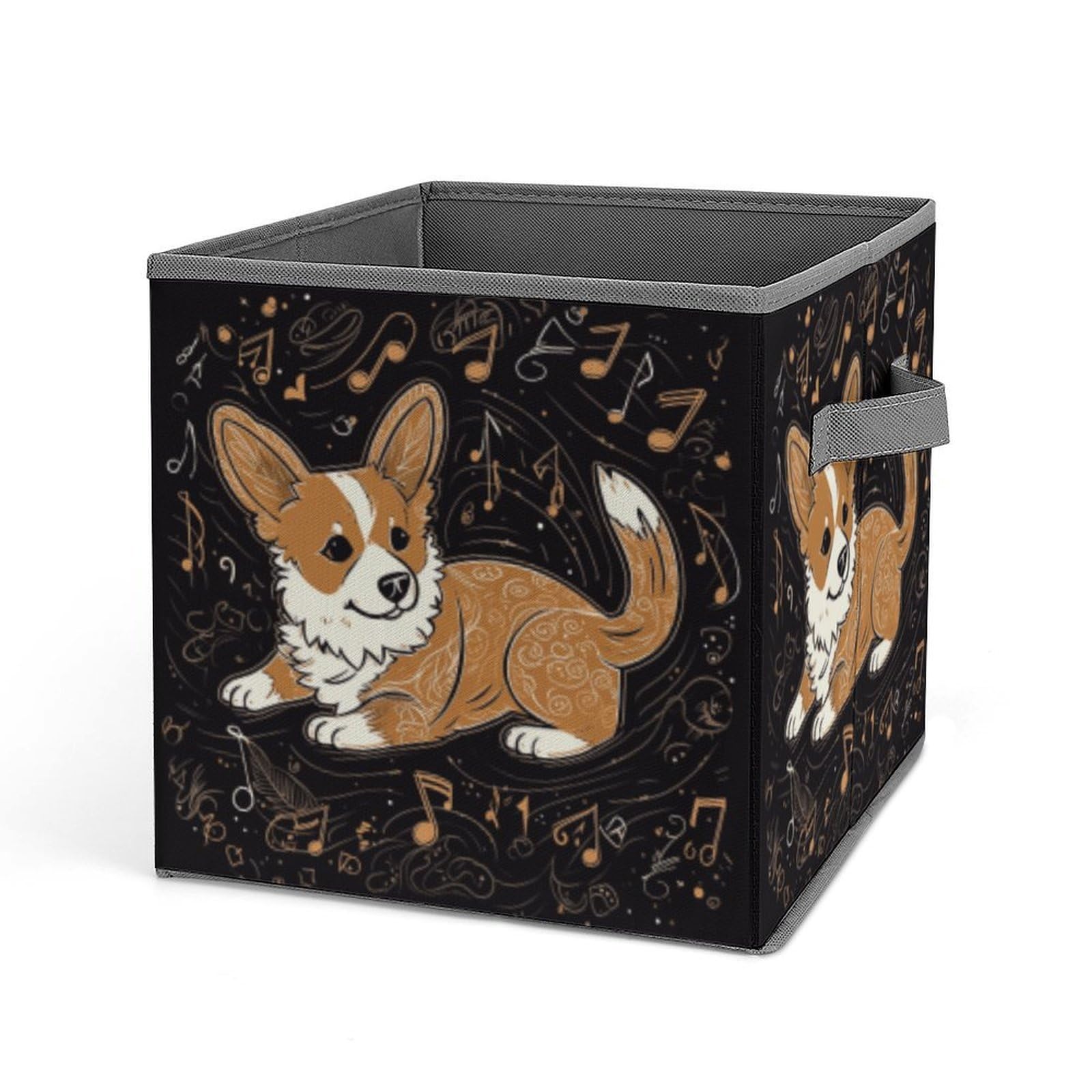 JTREHY Corgi Who Loves Music Storage Bins Sturdy Large Capacity Folding Sorting Boxes Convenient Stable Storage Box Collapsible Fabric Storages Cubes Organizer with Handles