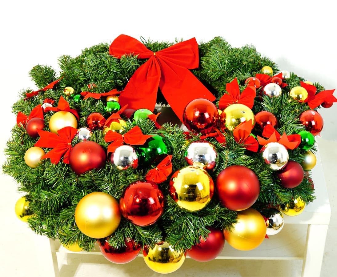 Adventskranz, Künstlich, Weihnachten, PVC-Material, Grün mit Bunten Kugeln, Aufhängbar, Rund, 95 cm Durchmesser - großer Adventskranz