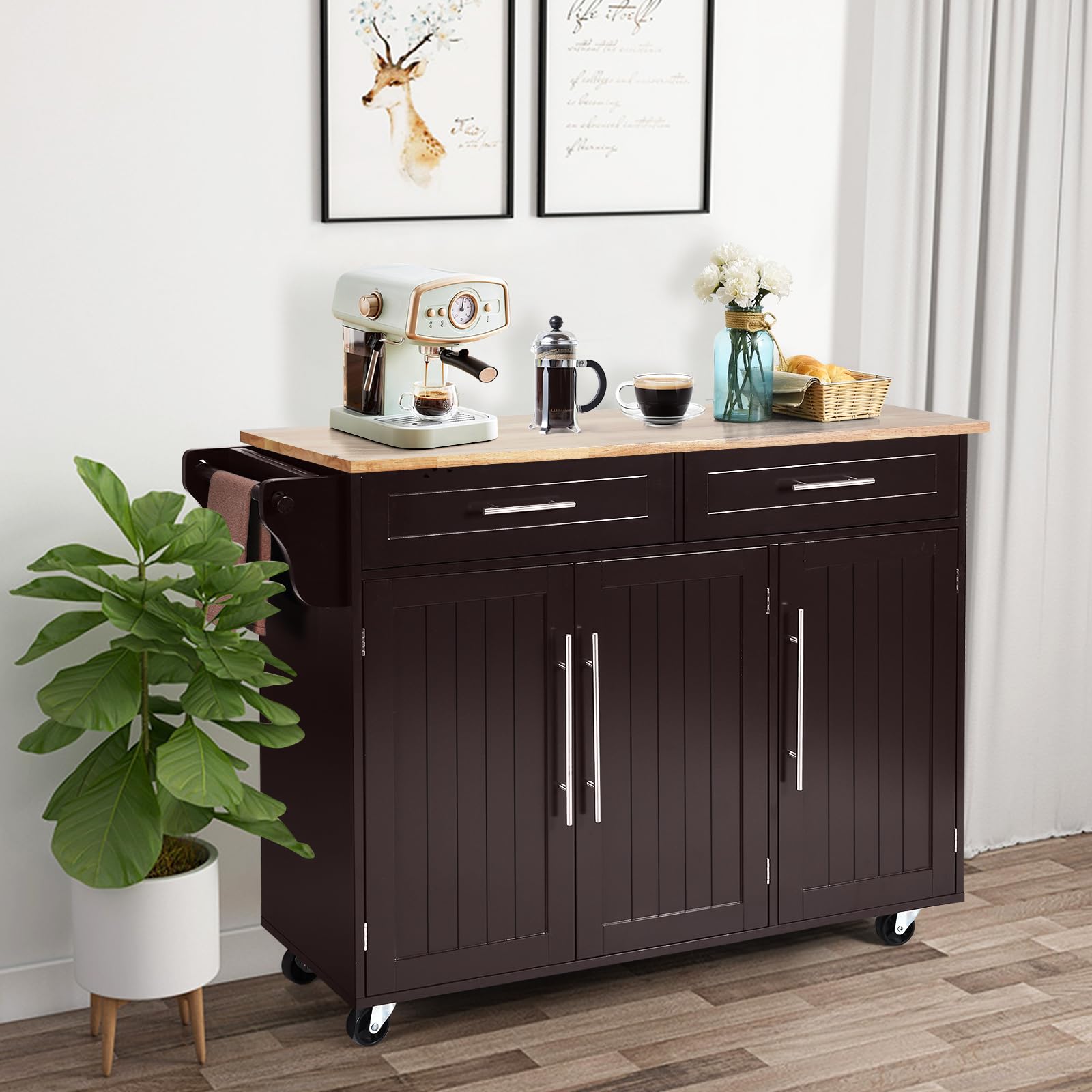 COSTWAY Carrello da Cucina, Carrello di Servizio con Ruote e Maniglia, 3 Ante e 2 Cassetti, Ideale per Cucina Ristorante Bar, 122x46x92,3 cm (Marrone)