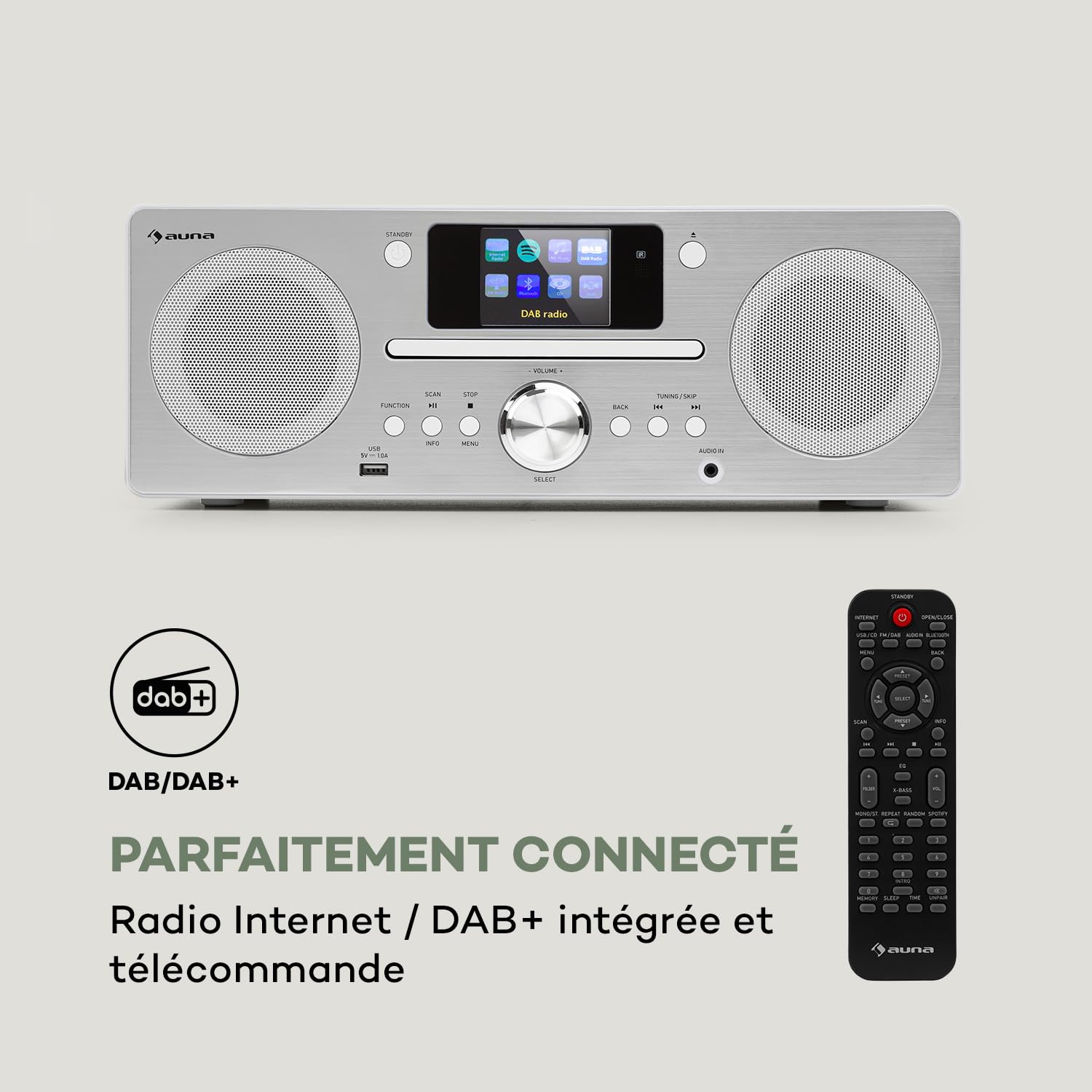 Auna Radio Portable CD, Chaine HiFi, Poste Radio Numérique Dab/Dab+/FM et Streaming, Radio Portables Stéréo LED, Écran TFT, Radio FM, MP3, AUX, Alarme de Réveil, Fixation au Mur, Alimentée au Secteur