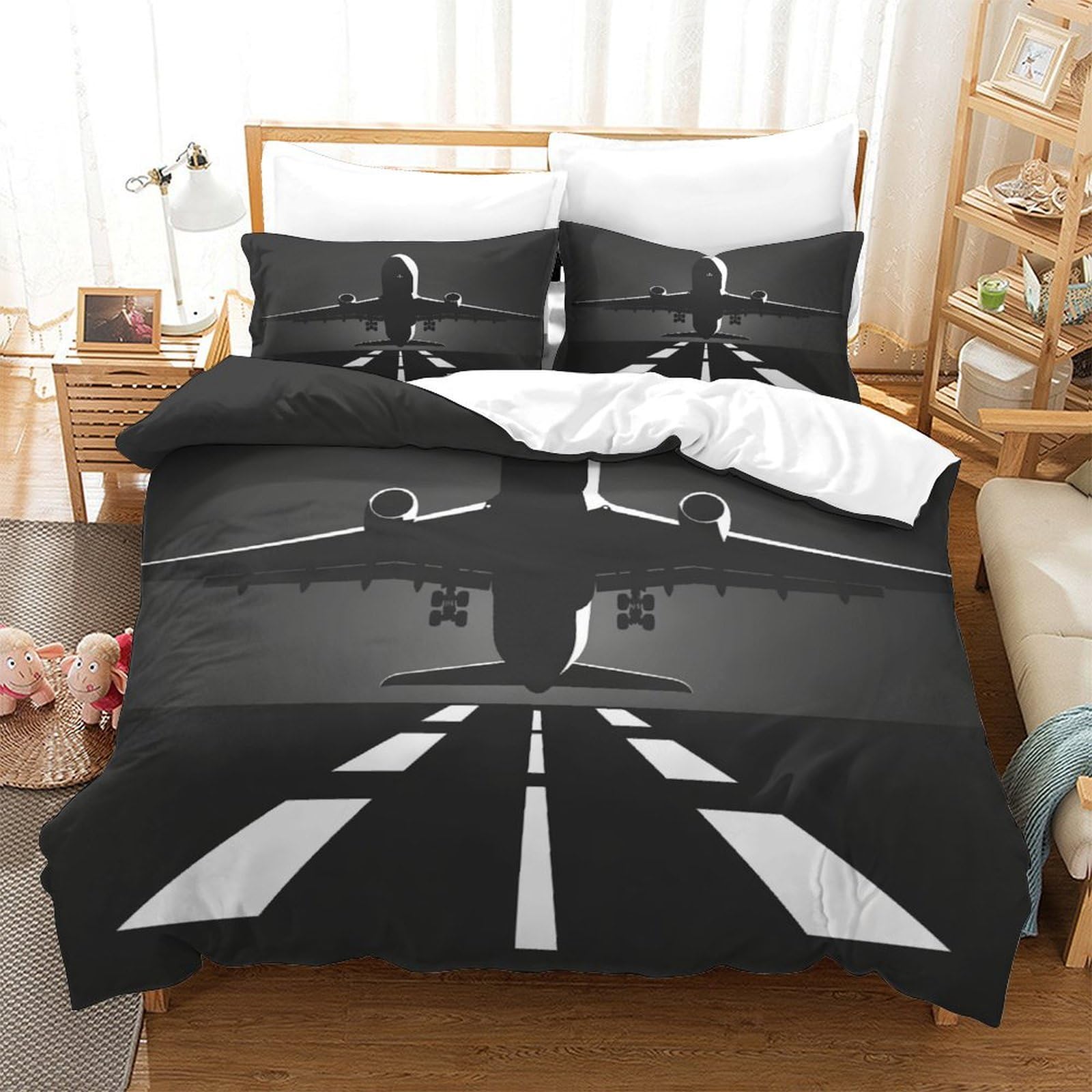 P1S9U7W5Y Aviation Runway 3D Printed Duvet Cover Set 3pcs Microfiber Airplane Bedding Set Double（200x200cm）