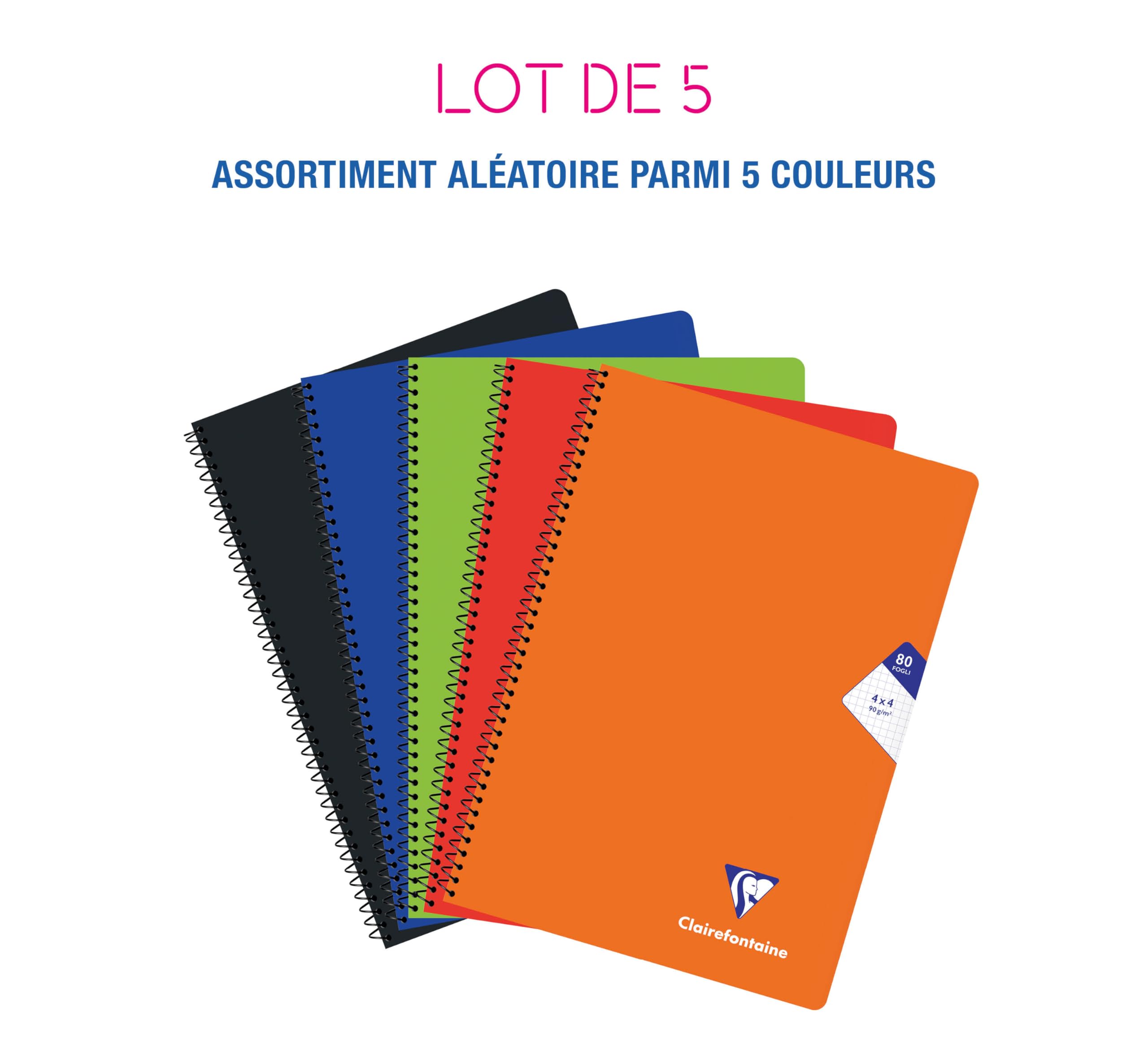 Clairefontaine 304154C - Mimesys cahier spiralé carte souple 21x29,7cm 160p Q.4x4 assorties couleurs vives - Paq de 5