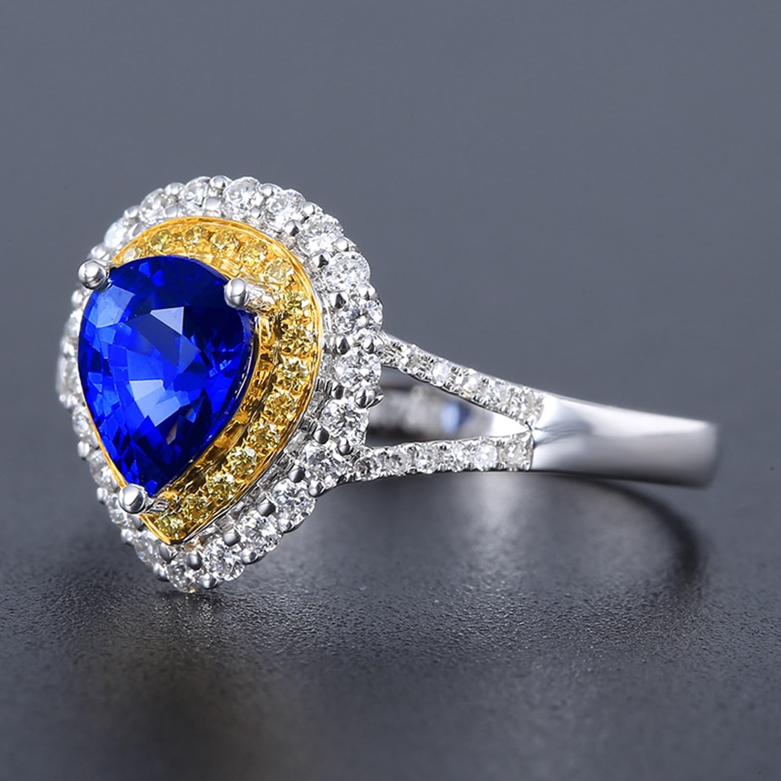 Fedi nuziali in oro bianco 18 carati blu zaffiro pera, anello da donna con zaffiro da 1,0 carati e diamante anello da donna