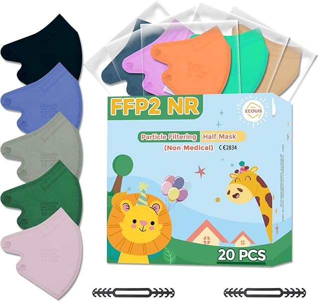 FFP2 Mask Colored, Small Size Disposable Face Mask Individual Packed, 5 Layer Filtering Protective Respirator with CE Approved, Breathable Adjustable Comfortable Mask - 10 Colors in 20 Packs