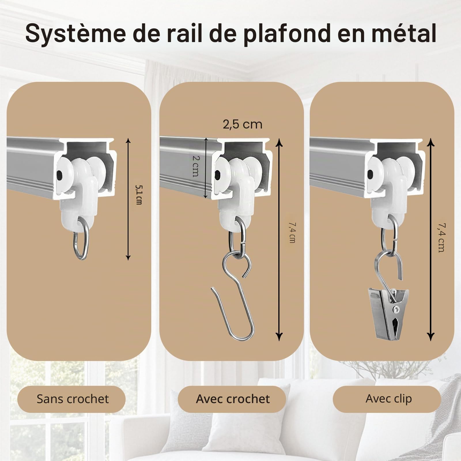Rail de rideau de plafond robuste - Système de tringles à rideaux - Séparateur de pièce - Rails de plafond - Crochets coulissants - 2,7 m - Blanc