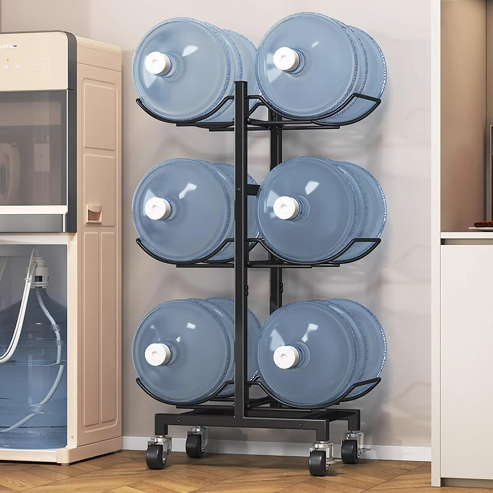 HJLKDYM Water Bottle Holder, Heavy Duty Foldable Water Jug Stand, Movable Water Jug Organizer with 4 Wheels for 6 Bottles