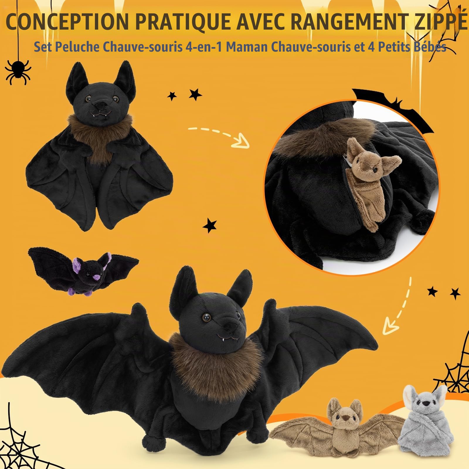 MorisMos XXL Grand Chauve-Souris en Peluche, 80cm Noir avec 3 Kawaii Bébés Animaux en Peluche Géants Douce Cadeau pour Enfants Noël Anniversaire
