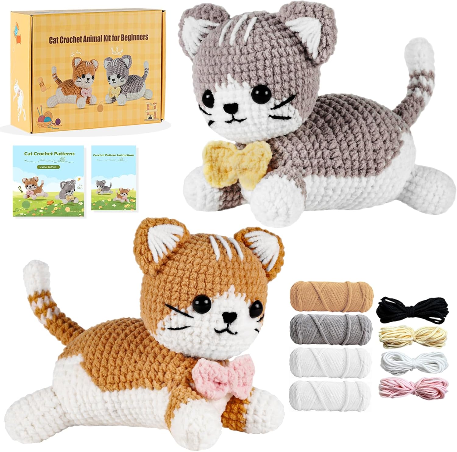 Crochet Kit for Beginners, Cat Amigurumi Animal Set with Video Tutorials