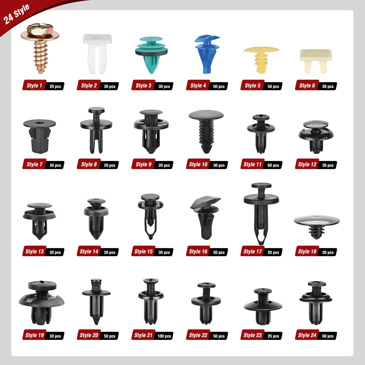 Nilight 900 Stück Auto-Halterungs-Clips, Auto-Befestigungs-Set, 24 Größen, Nylon, Stoßstangennieten, Türverkleidungs-Clips mit 5 Befestigungselementen, Entferner, 10 Kabelbinder für Toyota GM, Ford,