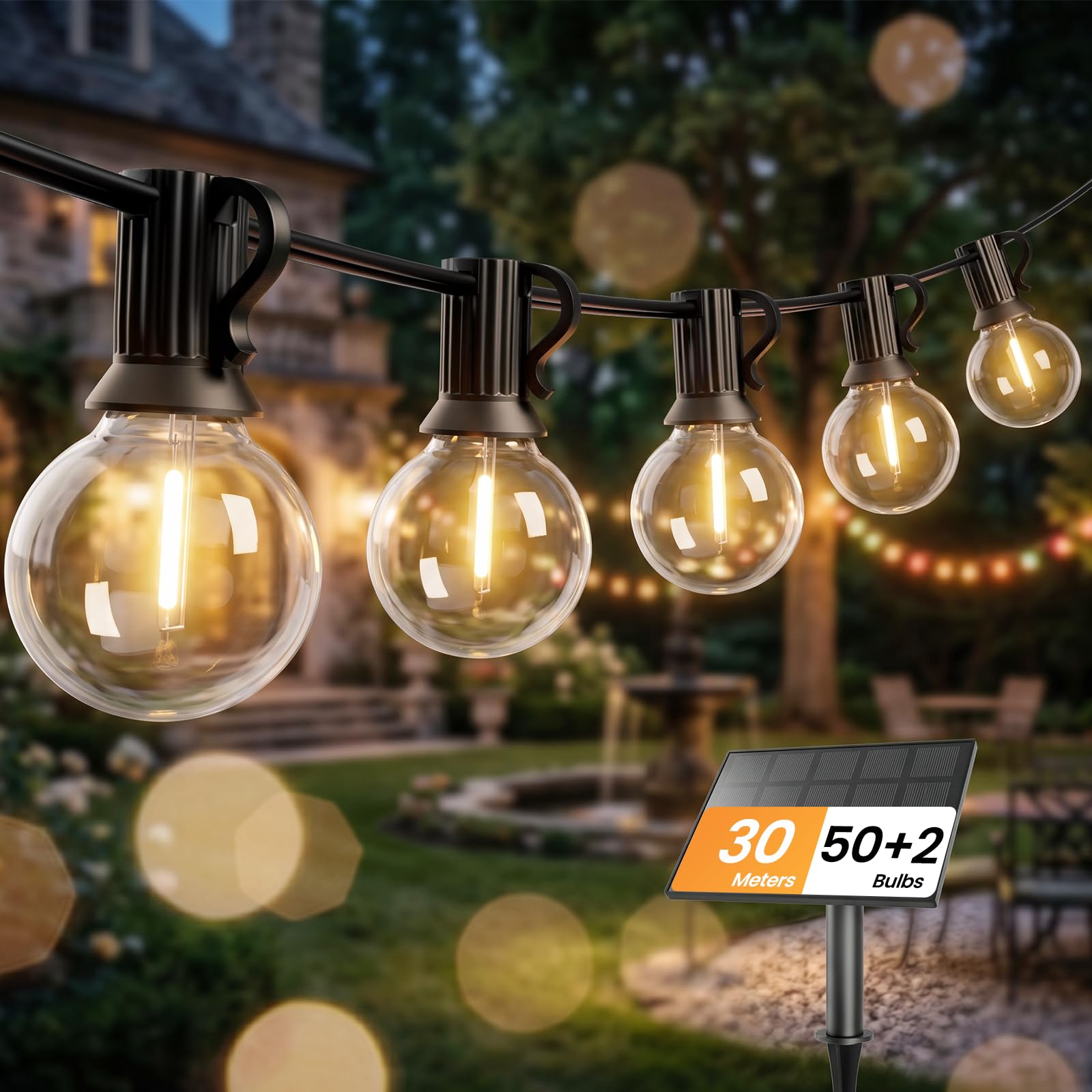 Bomcosy Catena luci solare 30M G40 IP44, 50+2 lampadine infrangibili