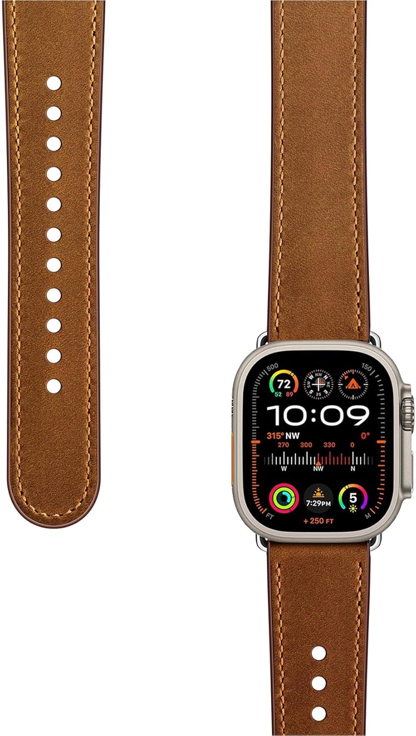 OUHENG Leather Bands Compatible with Apple Watch Band 49mm/46mm/45mm/44mm/42mm, Genuine Leather Strap for iWatch Ultra 3/2/1 & SE 3/2/1 Series 11 10 9 8 7 6 5 4 3 2 1 (Retro Brown/Titanium) - Image 3