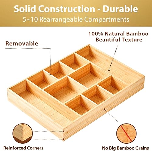Miniatura 5 de Umilife Organizador de cajones de escritorio extragrande, bandeja de madera de bambú con compartimentos ajustables, organizador de basura en cajón