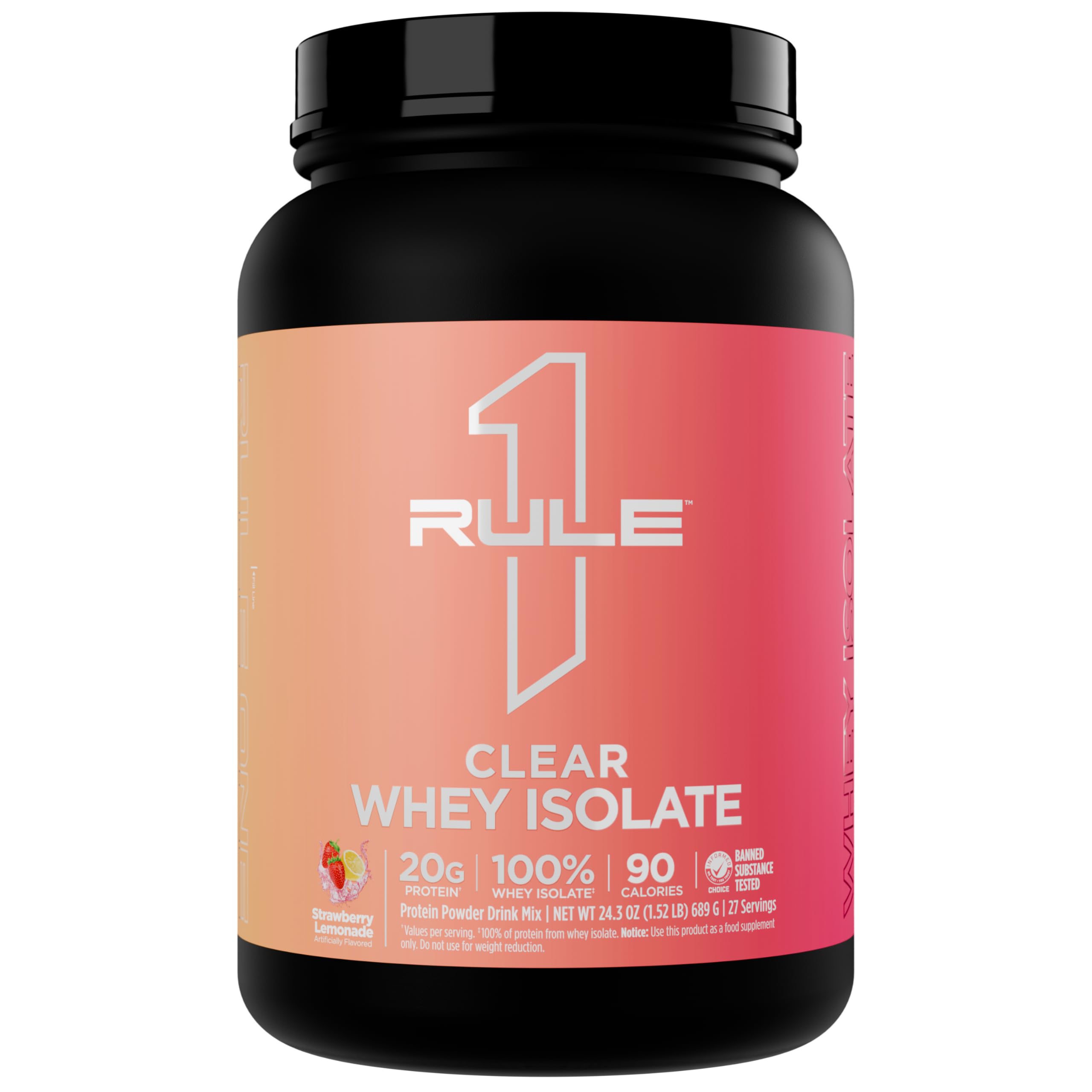 Rule 1 Clear Whey Isolate - 20g All-Whey Isolate Protein Mix, Over 9g EAAs, 90 Calories, Zero Sugar, Easy to Digest, Light, Crisp, and Refreshing Taste (27 Servings, Strawberry Lemonade)