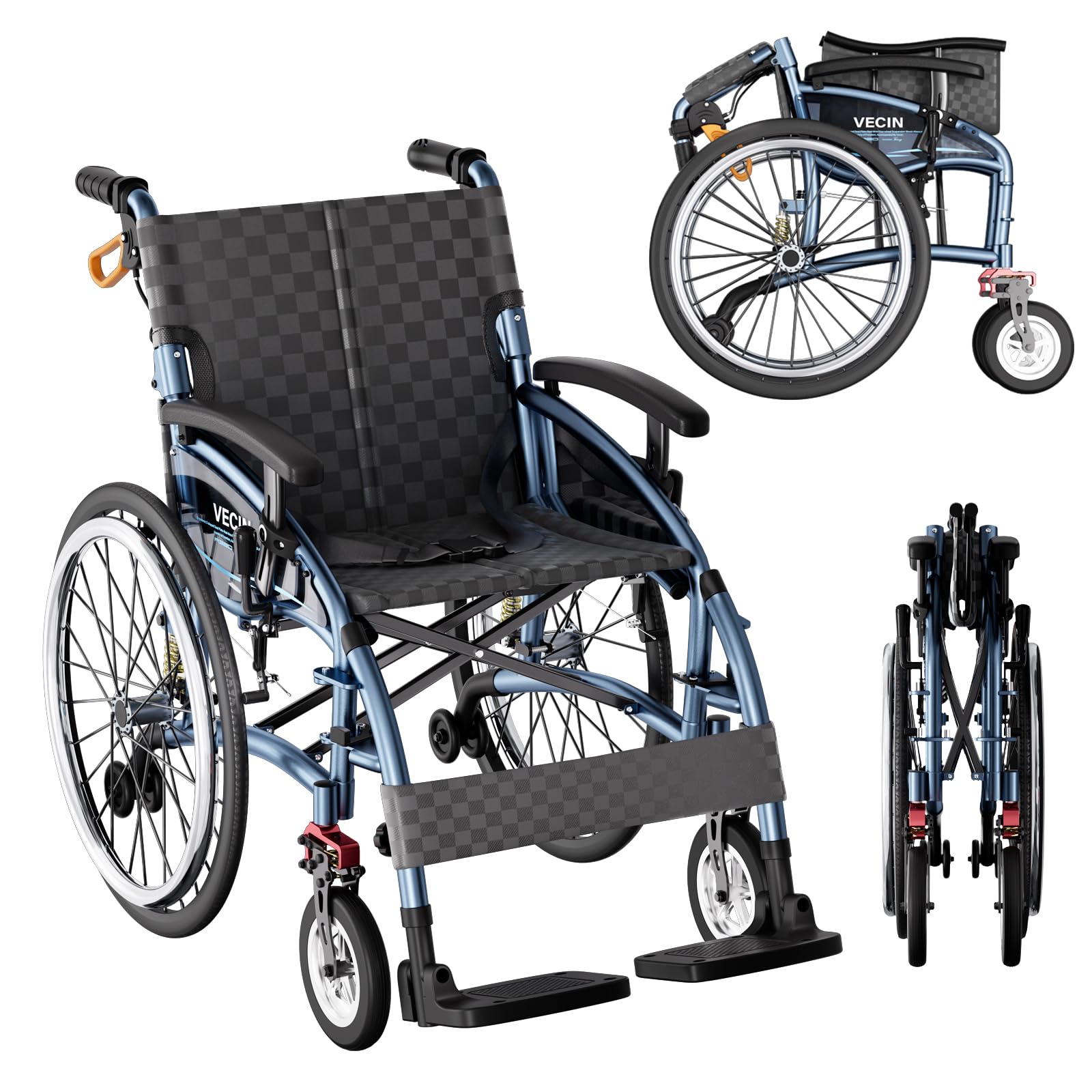Sedia a Rotelle Pieghevole Leggera ad Autospinta, Sedia a Rotelle Autospinta con Ammortizzazione Regolabile, Capacità di Carico 200 kg, per Disabili ed Anziani