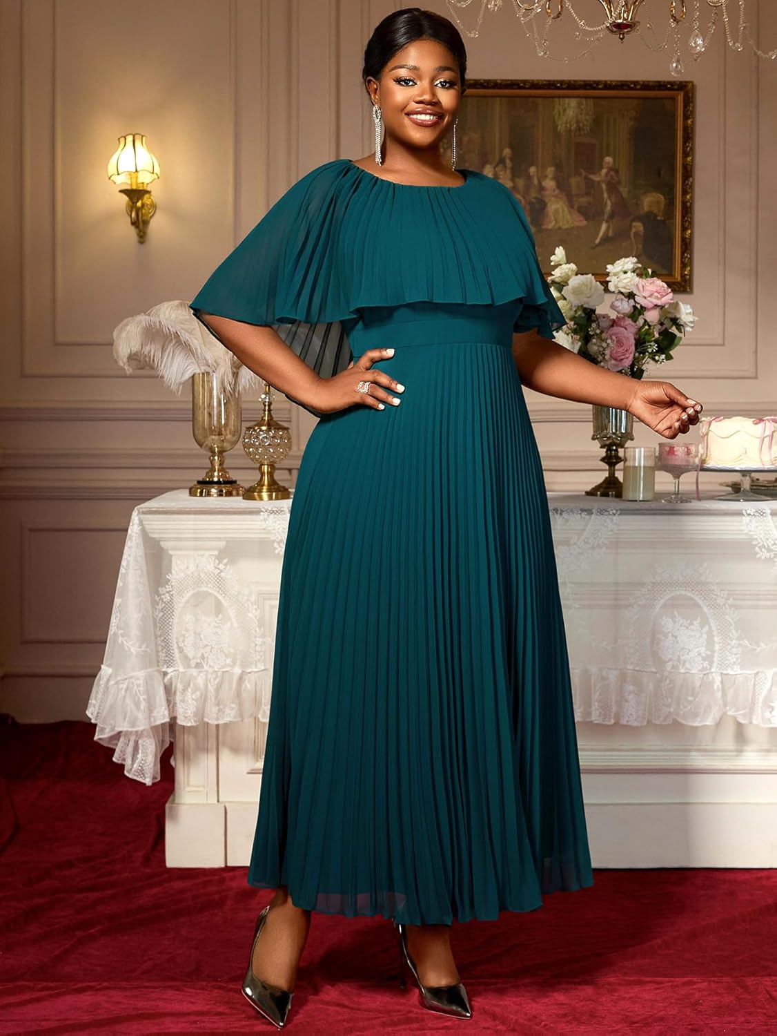 AOMEI Women's Summer Formal Wedding Guest Dress Cape Sleeve A-Line Pleated Maxi Flowy Chiffon Dresses for Women - Image 3