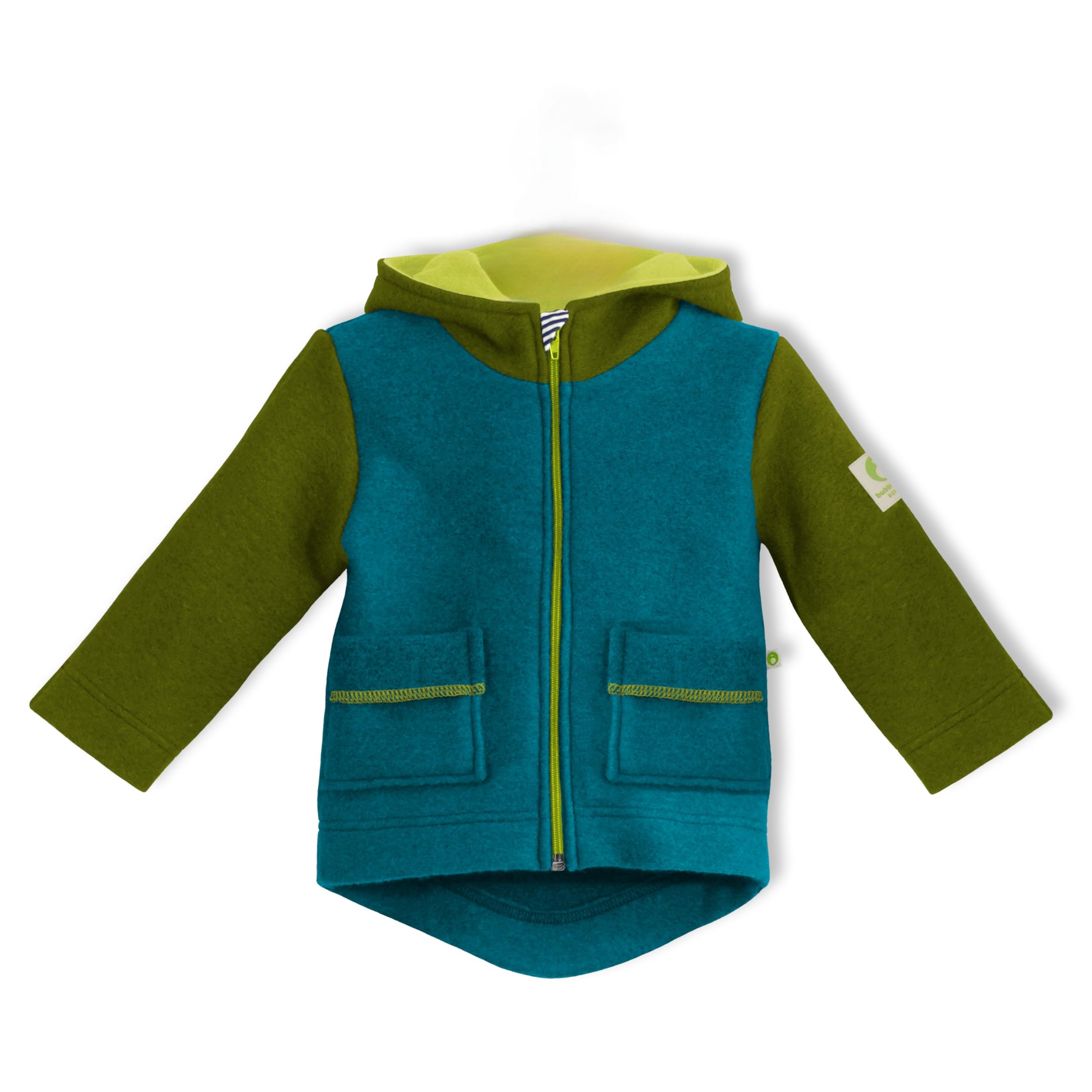Jacke Wolle mit gefütterter Kapuze aus SOFT-Walkwolle für Babys und Kleinkinder (74-80, aqua-gras)