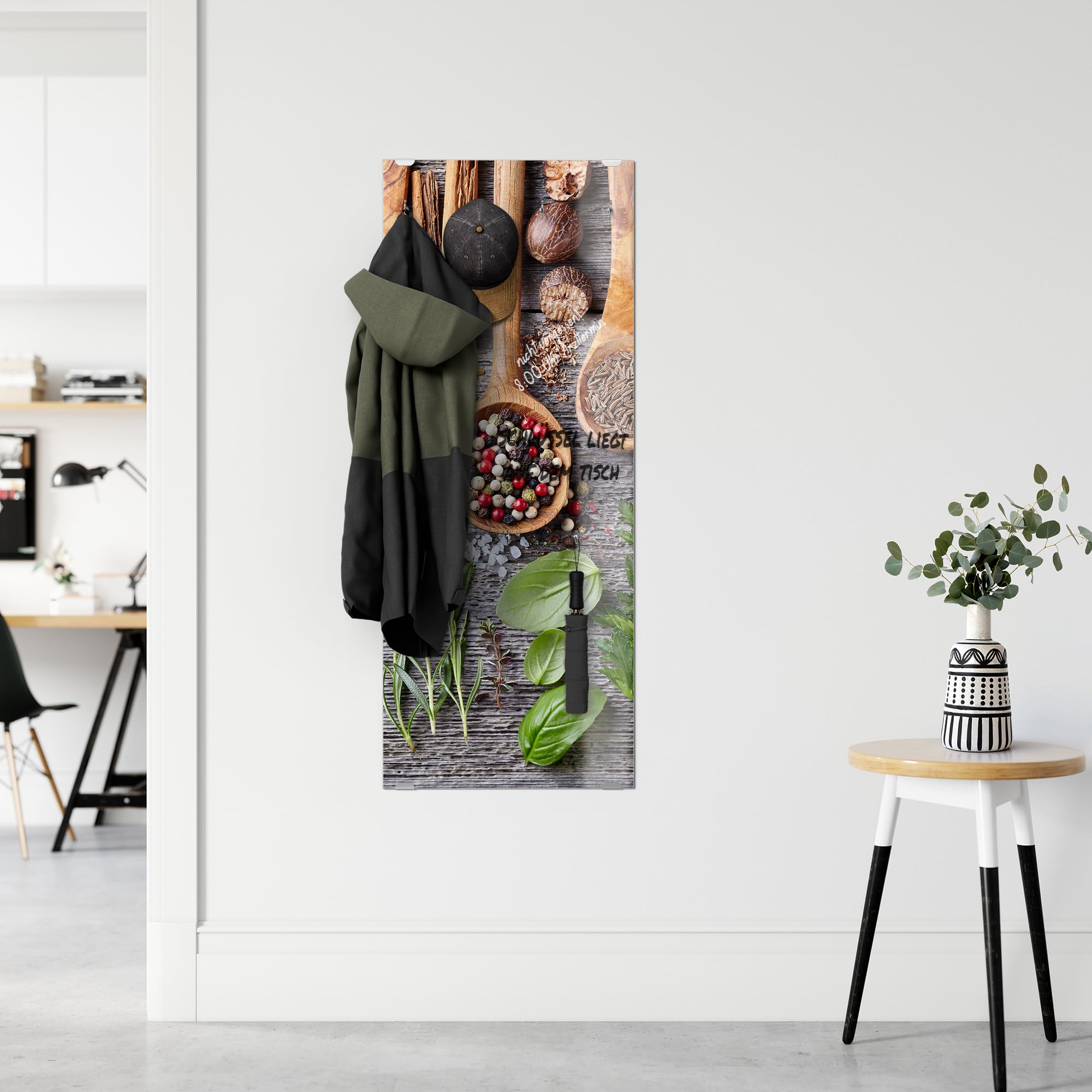 DEQORI Wieszak na ubrania ze szkła z nadrukiem motywu | wzór pionowy, 50 x 125 cm | motyw zdobiona łyżka kuchenna | szkło bezpieczne ESG z 7 haczykami – możliwość pisania i łatwe w montażu – łatwe w