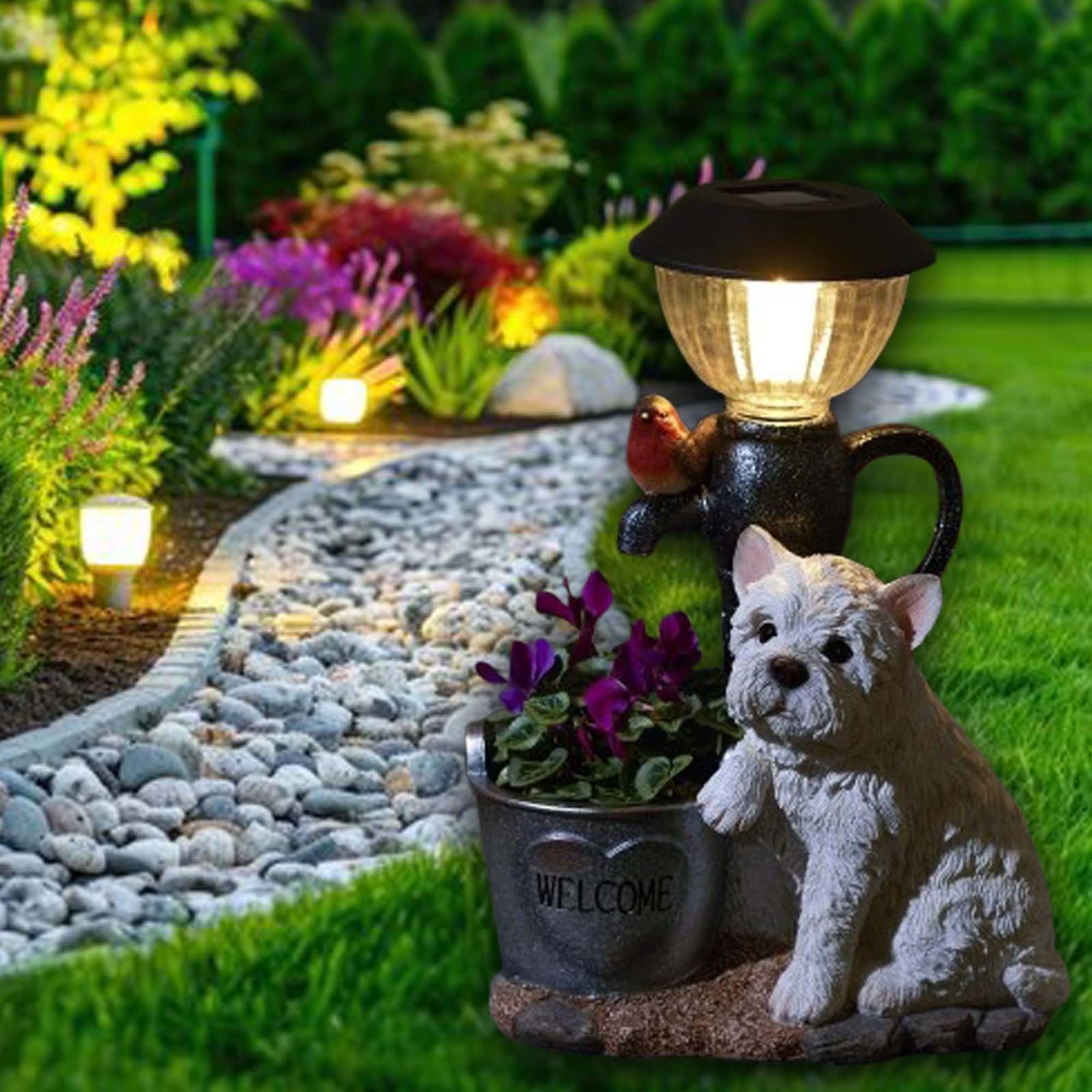 Bloomingtons Direct Solar Powered Westie with Robin Light Hand-Painted Lantern Westie Dog Ornament with Plant Planter Bucket Automatic Solar Garden Light Outdoor 6-8Hr Output
