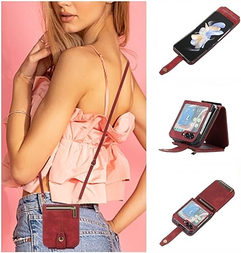 UEEBAI Funda tipo cartera cruzada para Samsung Galaxy Z Flip 5 5G, ranuras para tarjetas, cubierta cruzada ajustable con cremallera, correa de
