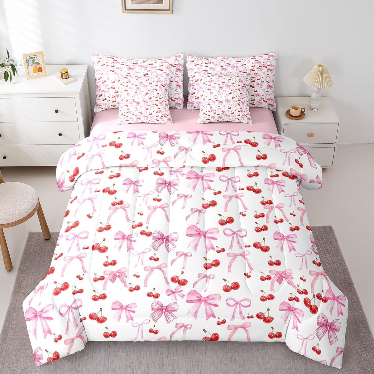 Feelyou Pink Bow 7 Pieces Bedding Set, Queen Size Watercolor Bow Bed Set for Boys Girls Teens Bedroom Decor Cute Bow Bed in a Bag with Comforter, Sheets, Pillowcases Women Men Kawaii Cherry