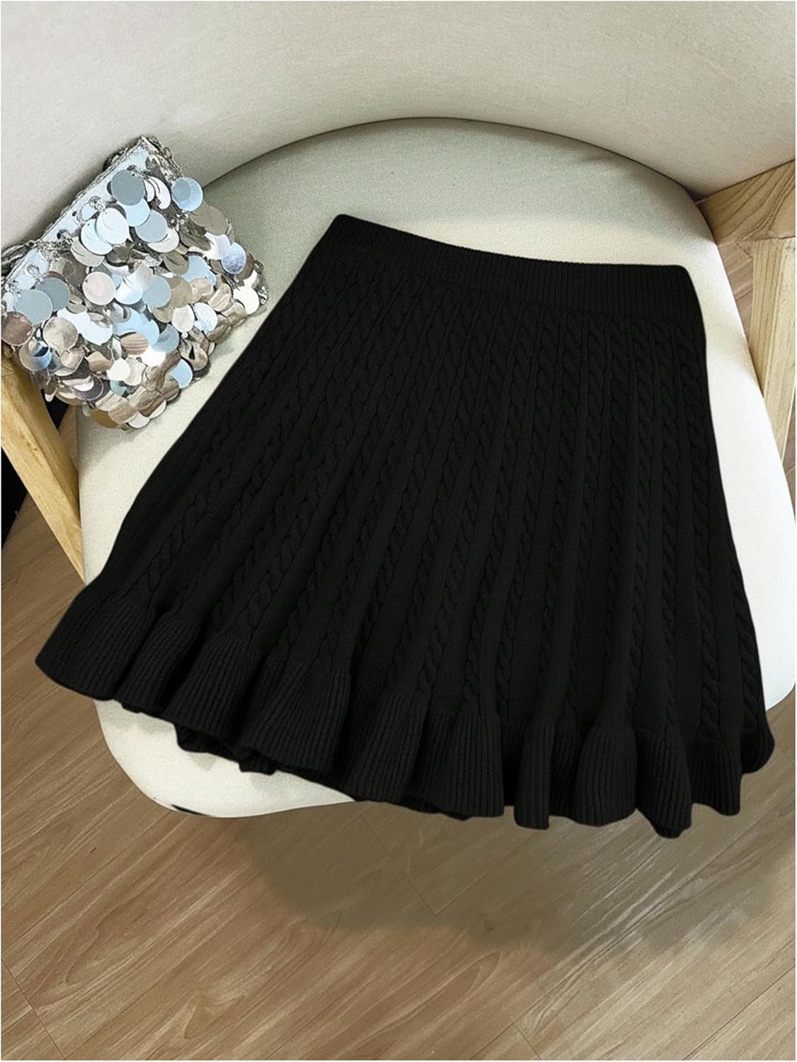 Verdusa Women's Cable Knit Ruffle Skirt A Line Short Sweater Skirts Elegant Outfits