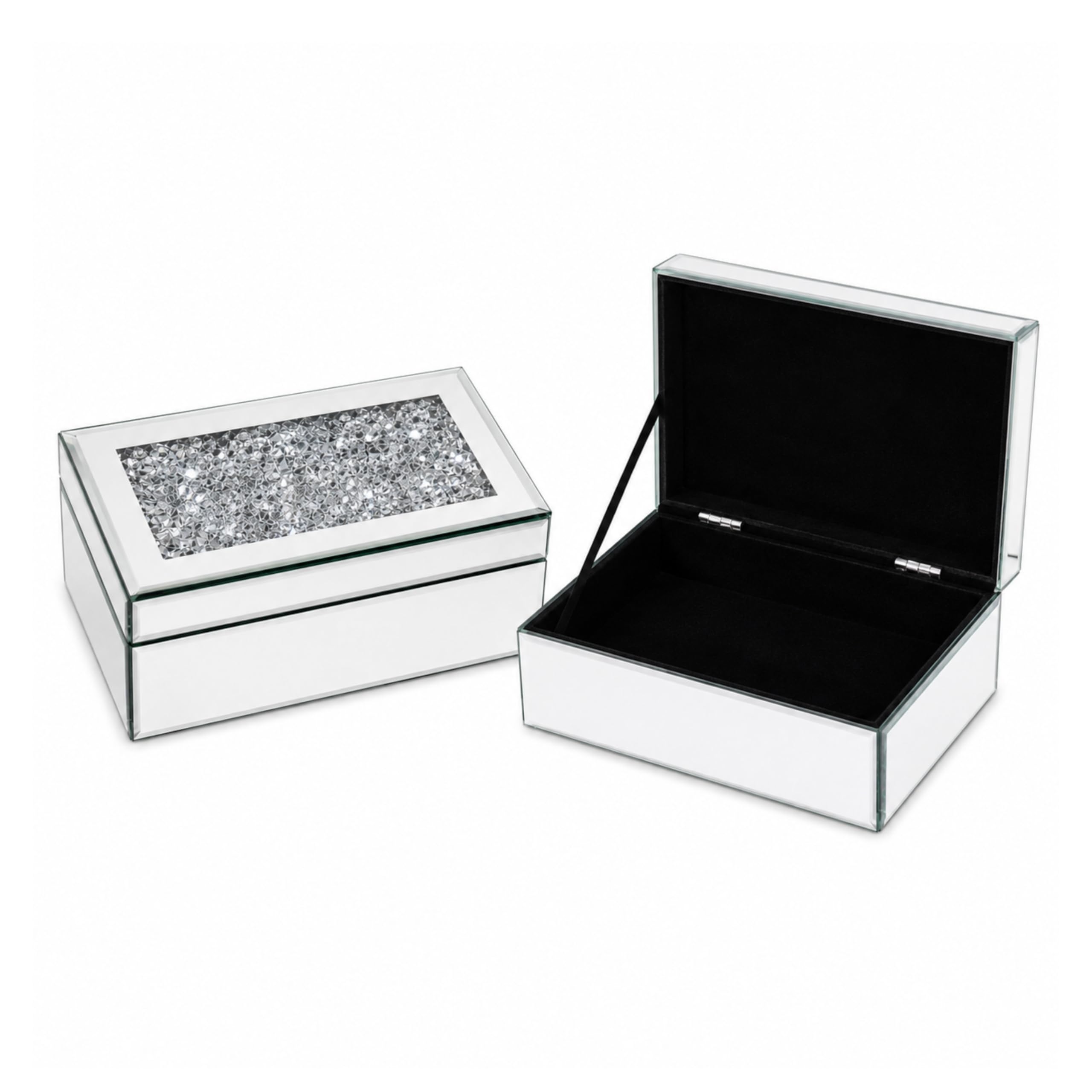 Marco Paul Silver Mirrored Keepsake Box with Crushed Diamond Lid Jewellery Box Organiser Luxury Glass Vanity Storage Case for Jewellery, Trinkets, Makeup Accessories & Dressing Table Decor 21cm