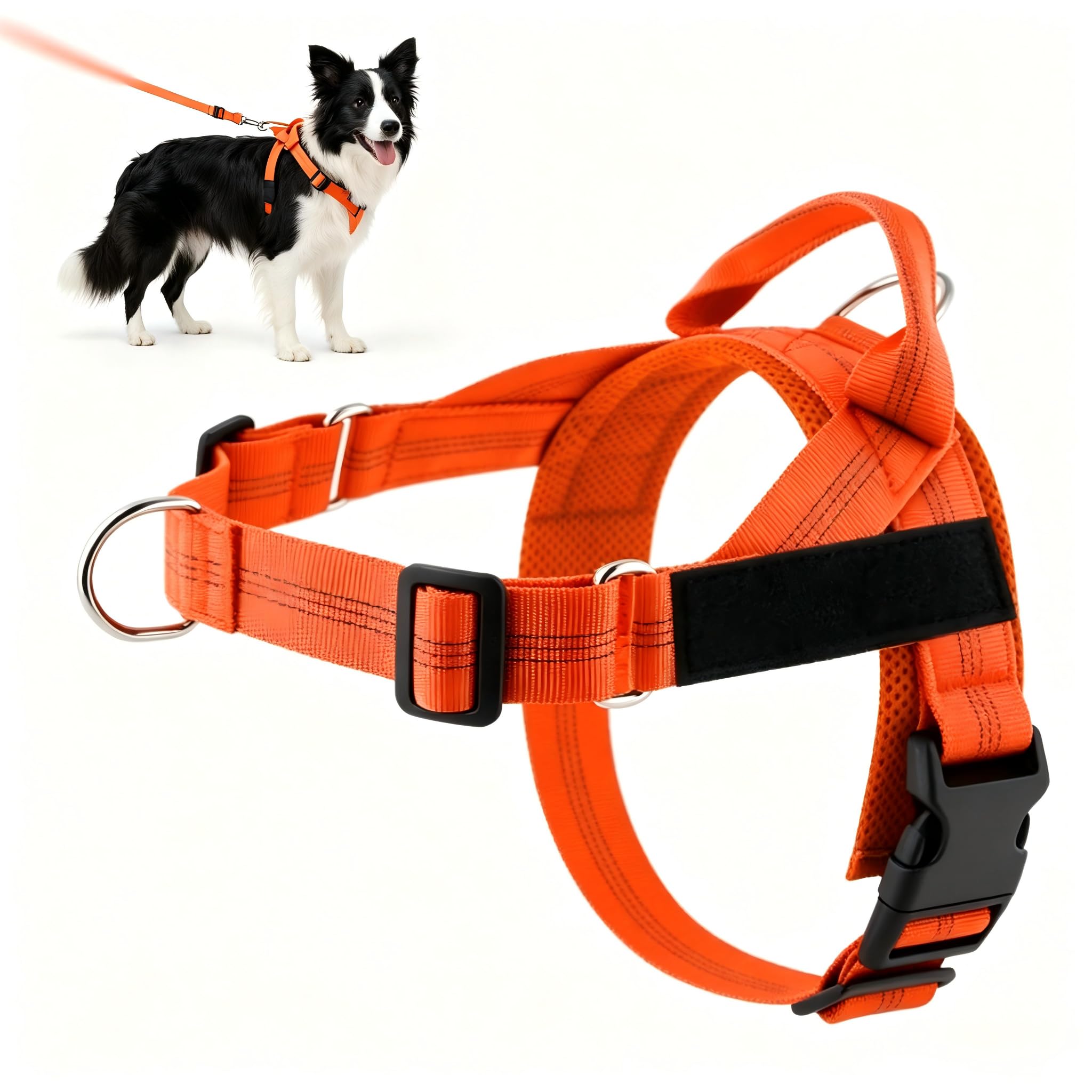No Pull Dog Harness, Adjustable Nylon Front Clip Walking Vest with D Ring, Buckle and Grab Handle for Daily Walks (Orange)
