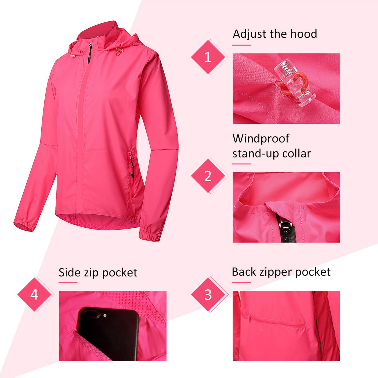 Fractilian Chaqueta de Ciclismo para Mujer Impermeable Transpirable con Capucha Cortavientos 2 en 1 Protección UV Chaleco de Bici Reflectante con Mangas Extraíbles
