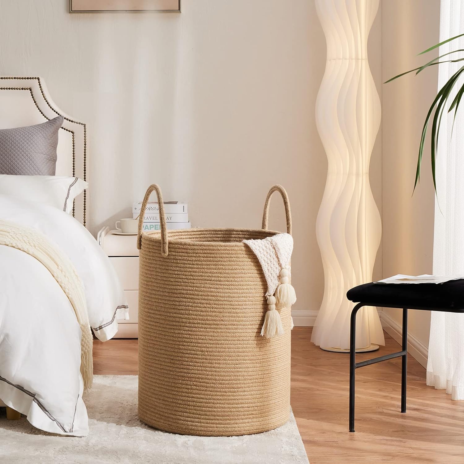 Fiona's magic 72L Large Woven Laundry Hamper, Tall Cotton Rope Storage Basket, Jute Baby Nursery Hamper for Blankets, Toys and Clothes in Bedroom and Living Room Organizing, Jute