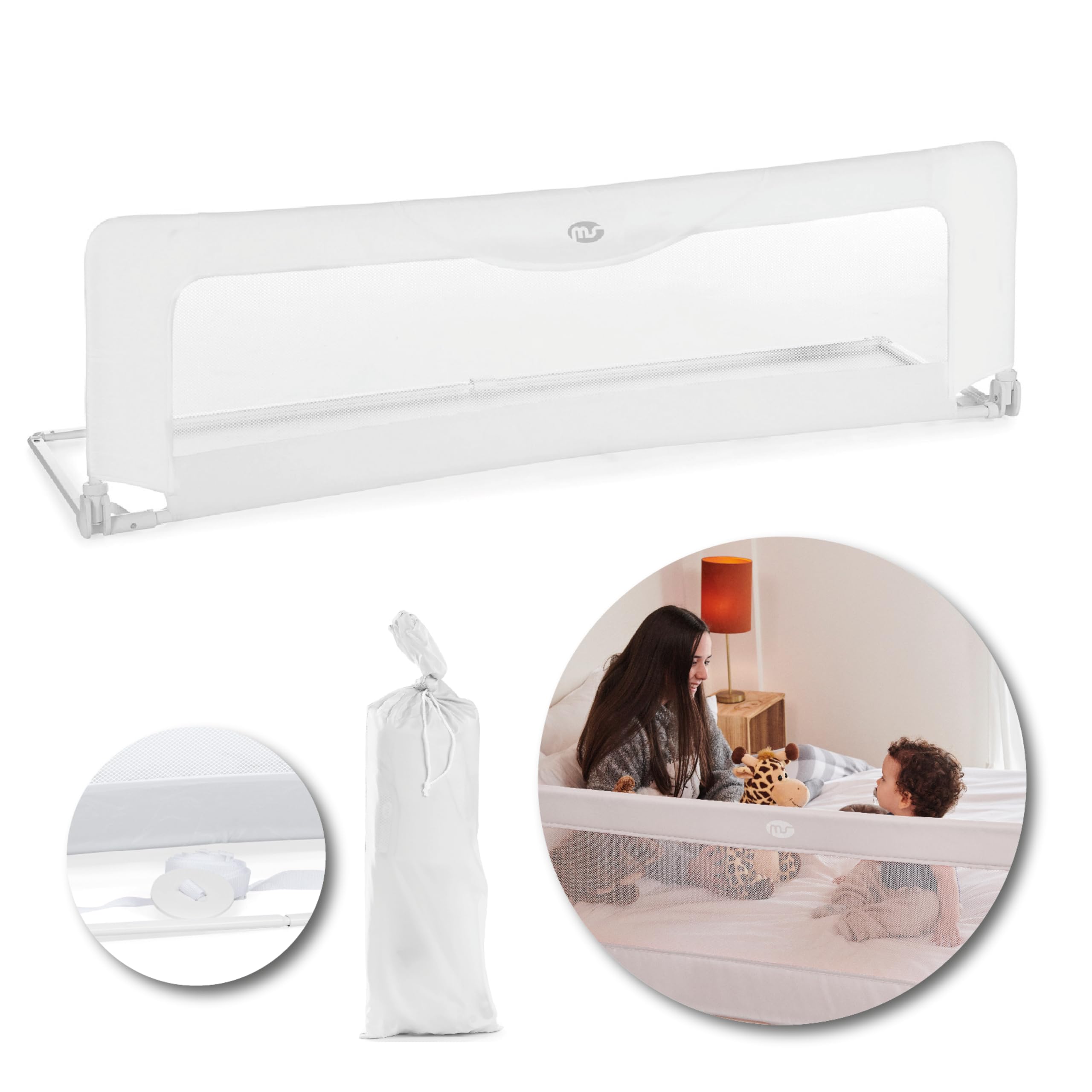 ms Baby World - Barrière de sécurité Portable pour Enfants | barrière de lit de Voyage | Pliable et Portable | Fixation sécurisée | 150 cm | avec sérigraphie (Blanc)