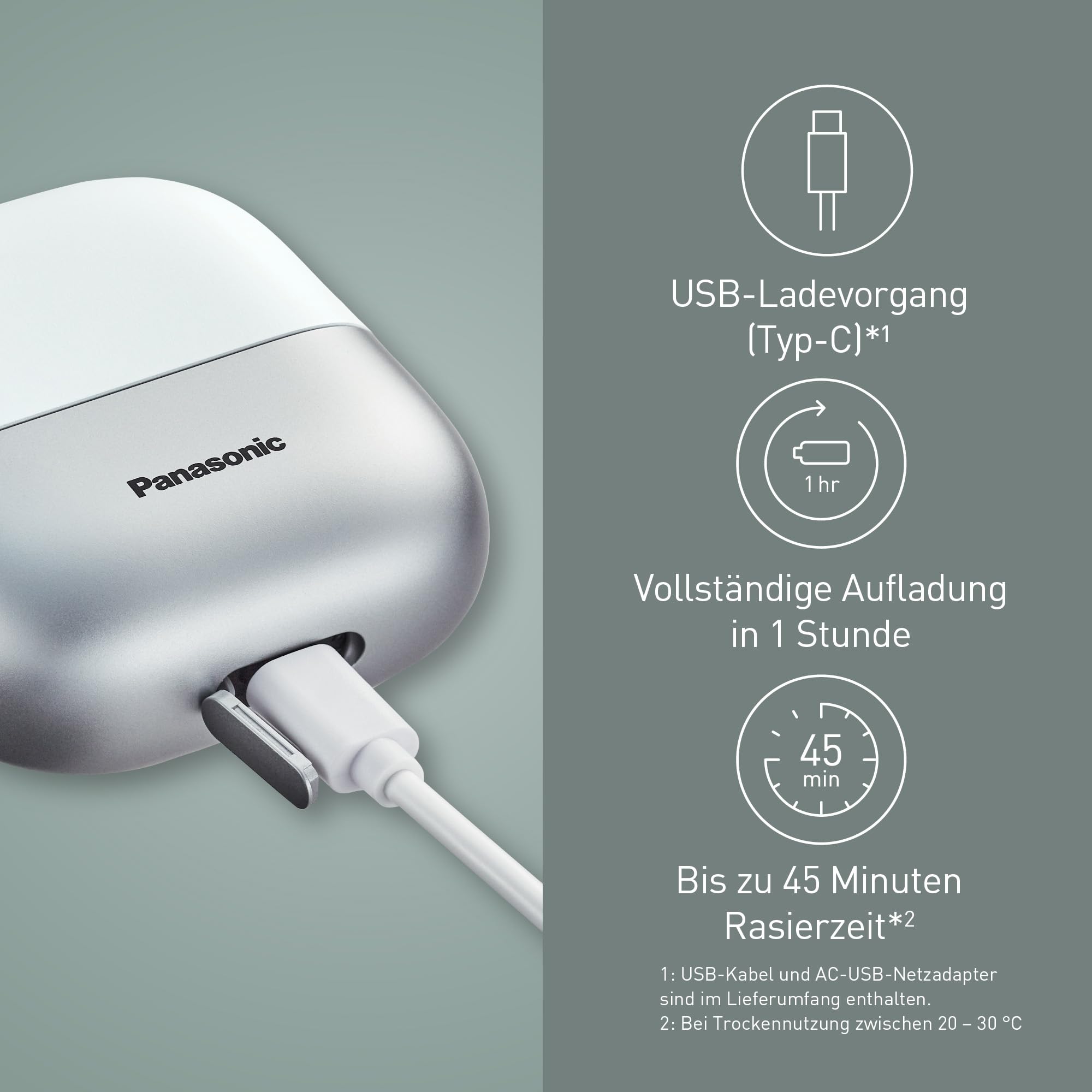 Panasonic ES-ACM3BW503 Series 700s Kompaktrasierer mit 3 Klingen, Nass- & Trockenrasierer für Männer, Bartdichten-Sensor+, IPX7 wasserdicht, USB-C-Aufladung, AC-USB-Netzteil, Weiß