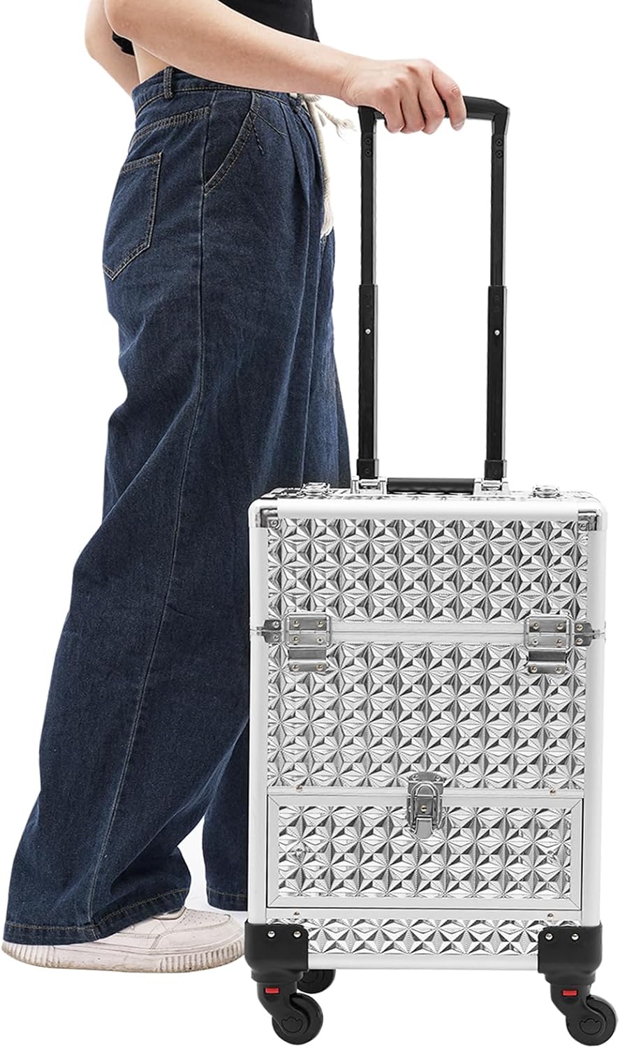 Rolling Makeup Train Case Large Storage Cosmetic Trolley Foldable Top Floor 4 Tray with Key Swivel Wheels Salon Barber Case Traveling Cart Trunk Nail Tech Travel Case for Hairstylist (Silver)