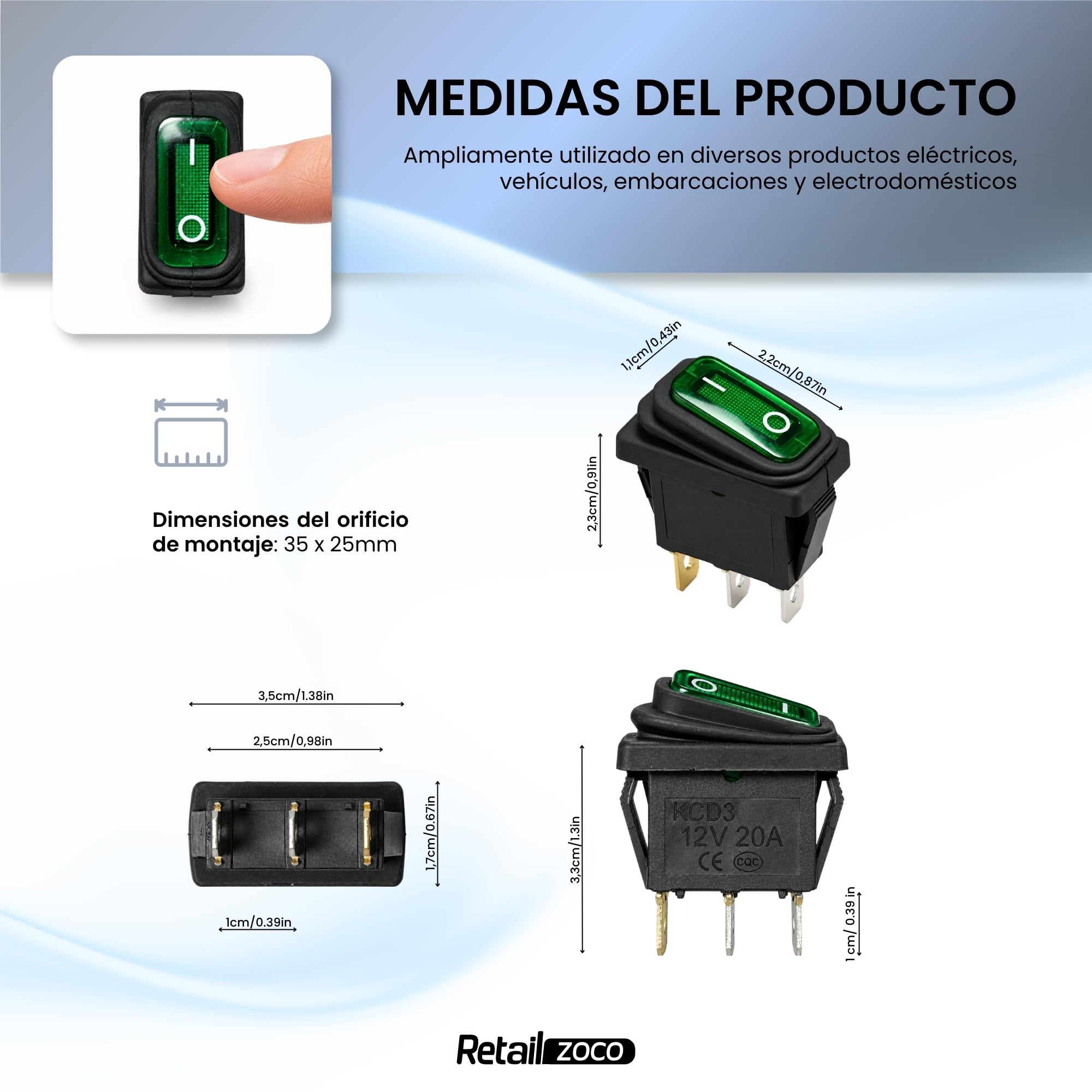 Interruptor Basculante SPST ON/OFF 3 pin, Luz Verde, 1 Unidad - imagen 4