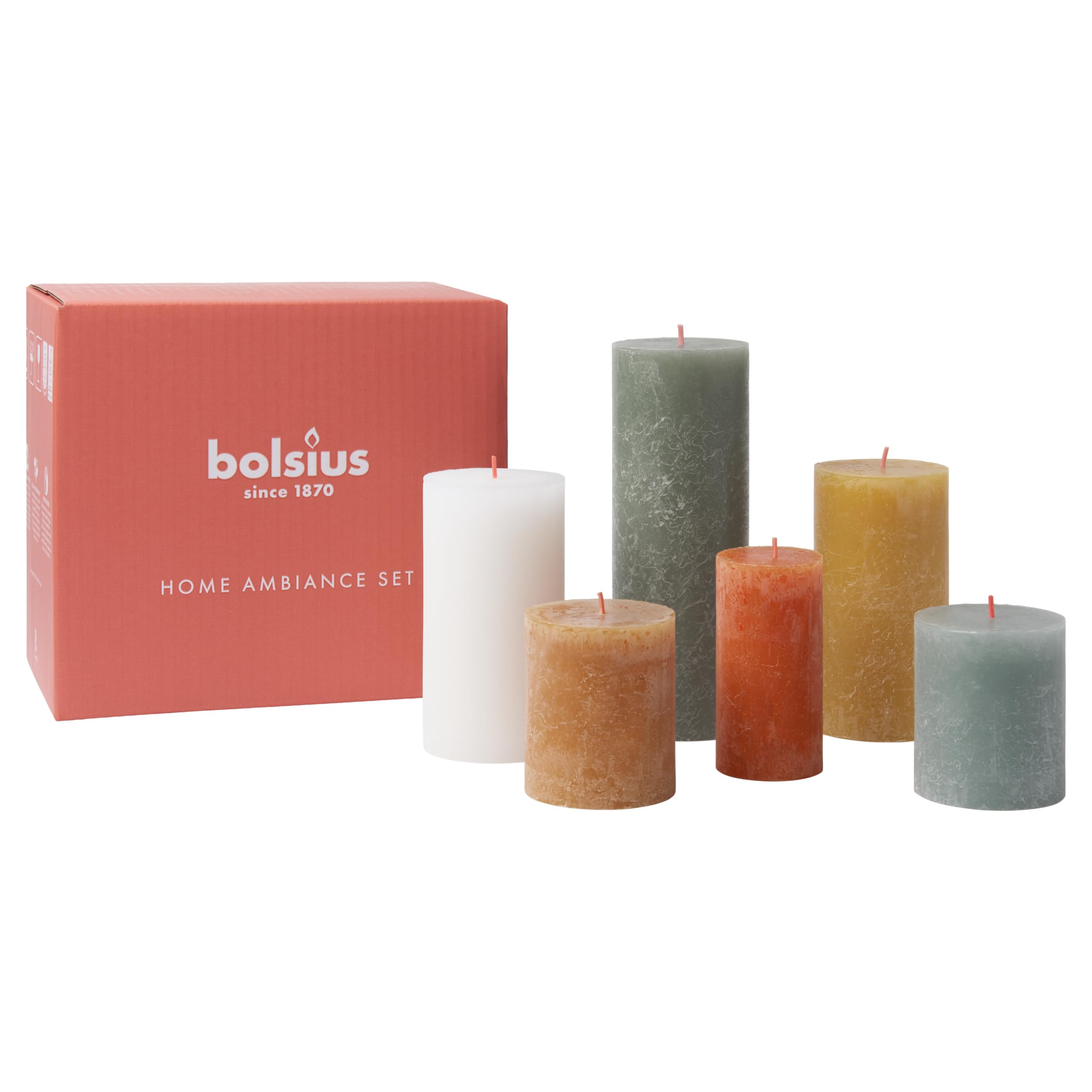 Bolsius Candele rustiche a pilastro - set regalo di 6 candele decorative per la casa - lunghezza della combustione - non profumate - cera vegetale naturale - senza olio di palma