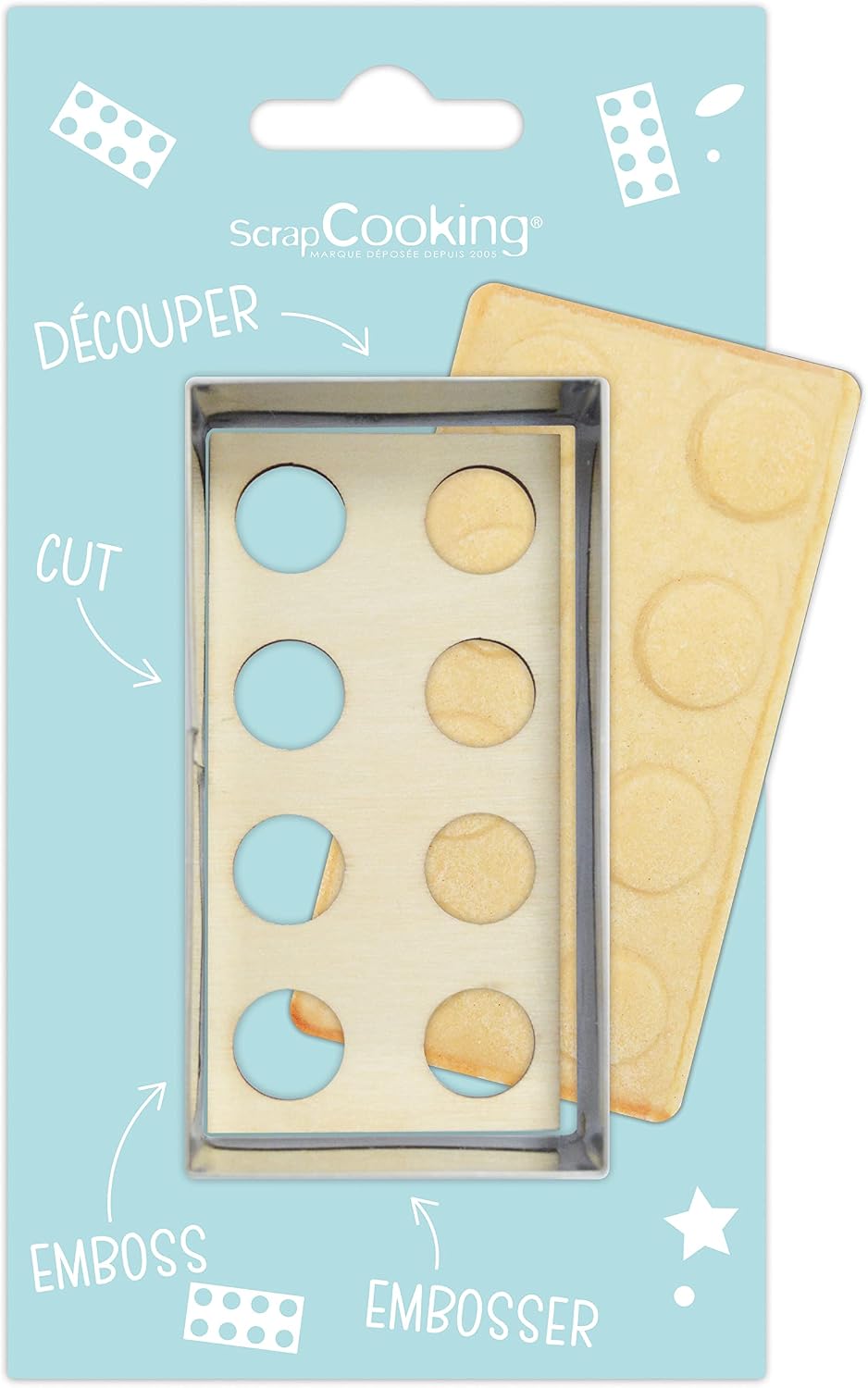 ScrapCooking 2096 Cookie Cutter Kit + Embosser Wood Brick – Stainless Steel Cookie Cutter for Biscuits – Mould Accessories Pastry Sandblasted Pastry Set Construction Toy Cake