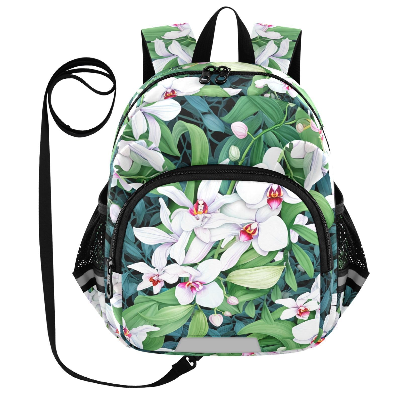 White Orchid Leaves Toddler Harness Backpack for Boys Girls 3-6 Years Kids Backpack with Anti Lost Safety Leash Child Leash Backpack for Travel Preschool Walking