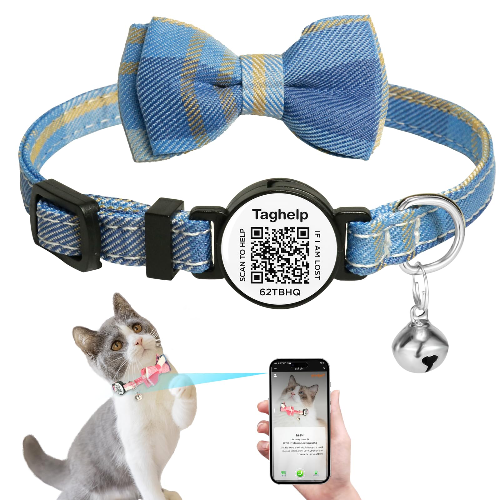 Upgraded Cat Collar with Bells, Breakaway Cat Collars with Bow Tie, Girl Boy Safety Plaid Collars with QR ID Tag for Girl Boy for Cats NO APP (Blue B)