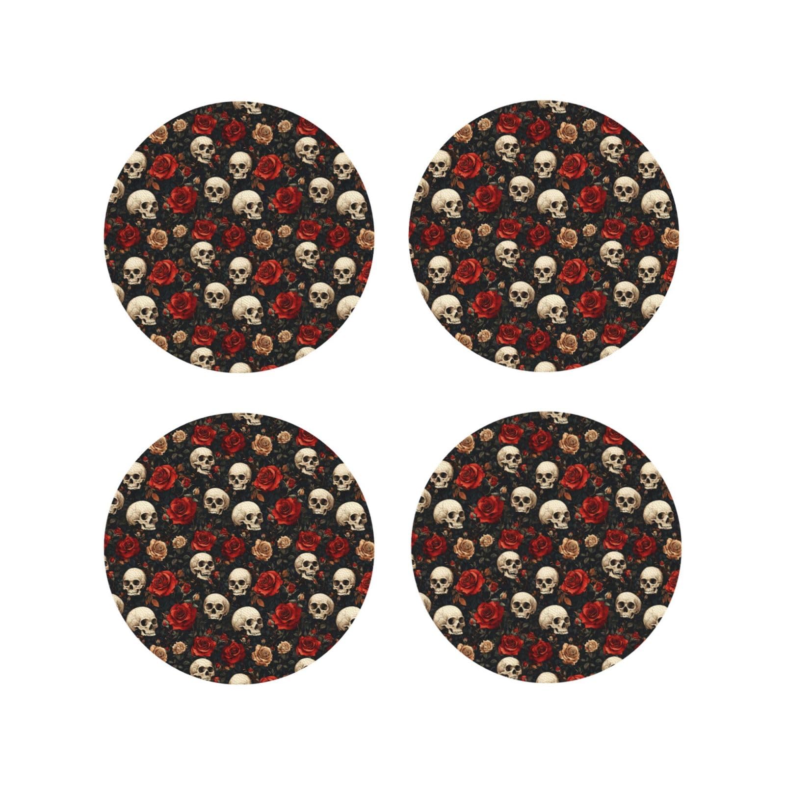 Leather Coasters Set of 4 - Red Rose Skull Print Lightweight Drink Coasters for Desk