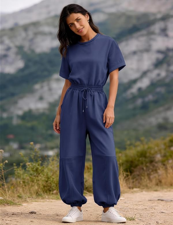 Flygo One Piece Jumpsuits for Women Crewneck Short Sleeve Casual Wide Leg Long Pants Drawstring Rompers Outfits with Pockets(NavyBlue-M) by Flygo - Used condition - Image 3
