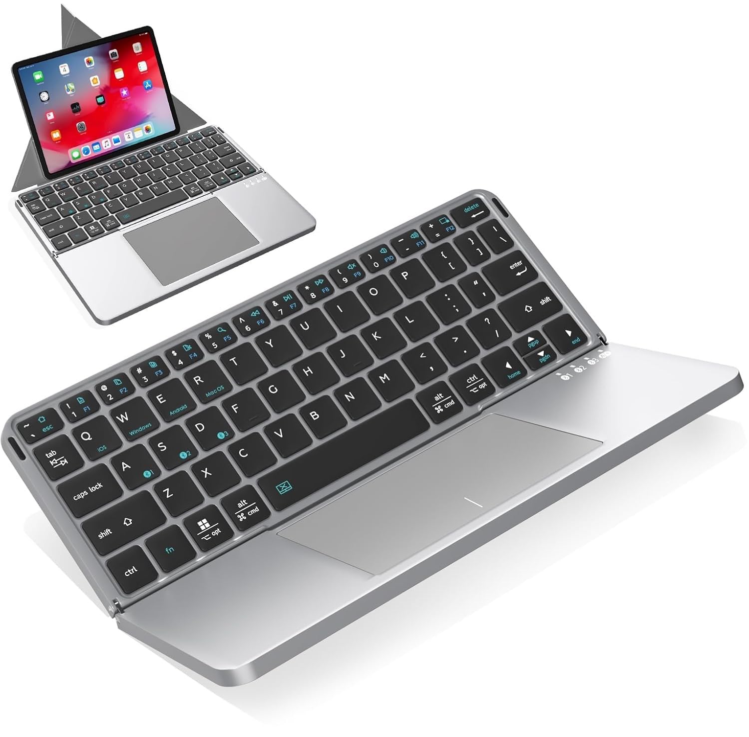 MICROWARE Foldable Bluetooth Keyboard with Touchpad and Stand for i-Pad/i-Phone/Mac-Book,3-Device Ultra Slim PU Leather Magnetic Cover Portable Rechargeable Keyboard Compatible with macOS and iOS-Gray-image-31