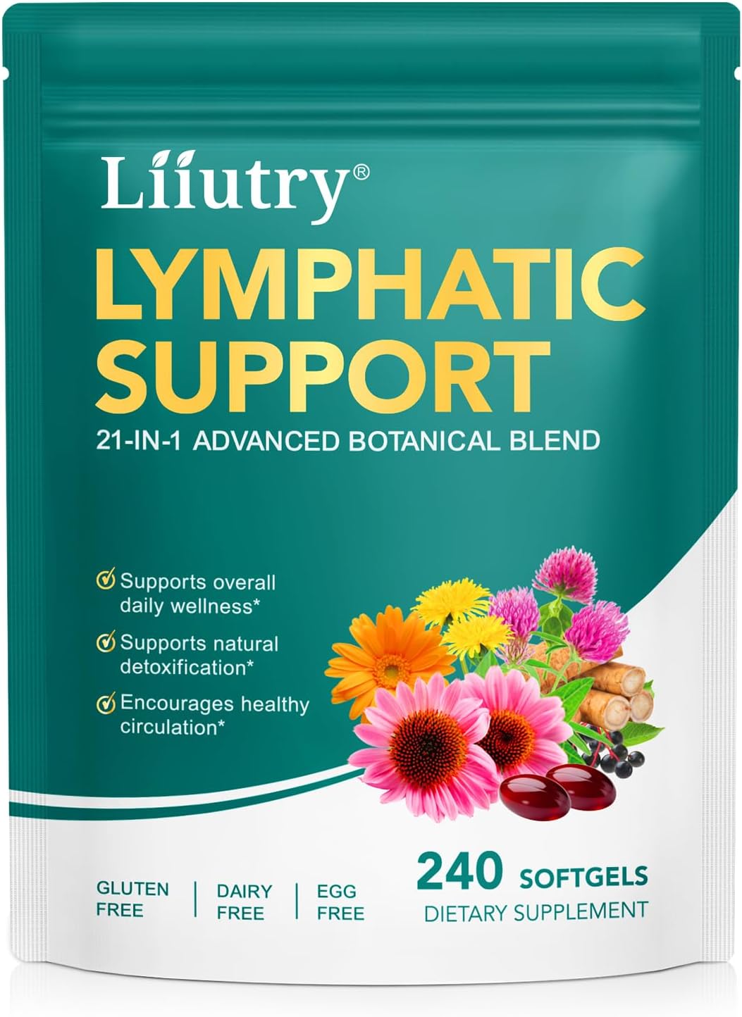 Lymphatic Drainage Supplements (240 Softgels), Plant-Based Blend with Echinacea, Dandelion & Burdock Root, Fluid Balance & Immune Health, Lymph System Support Supplement for Women & Men