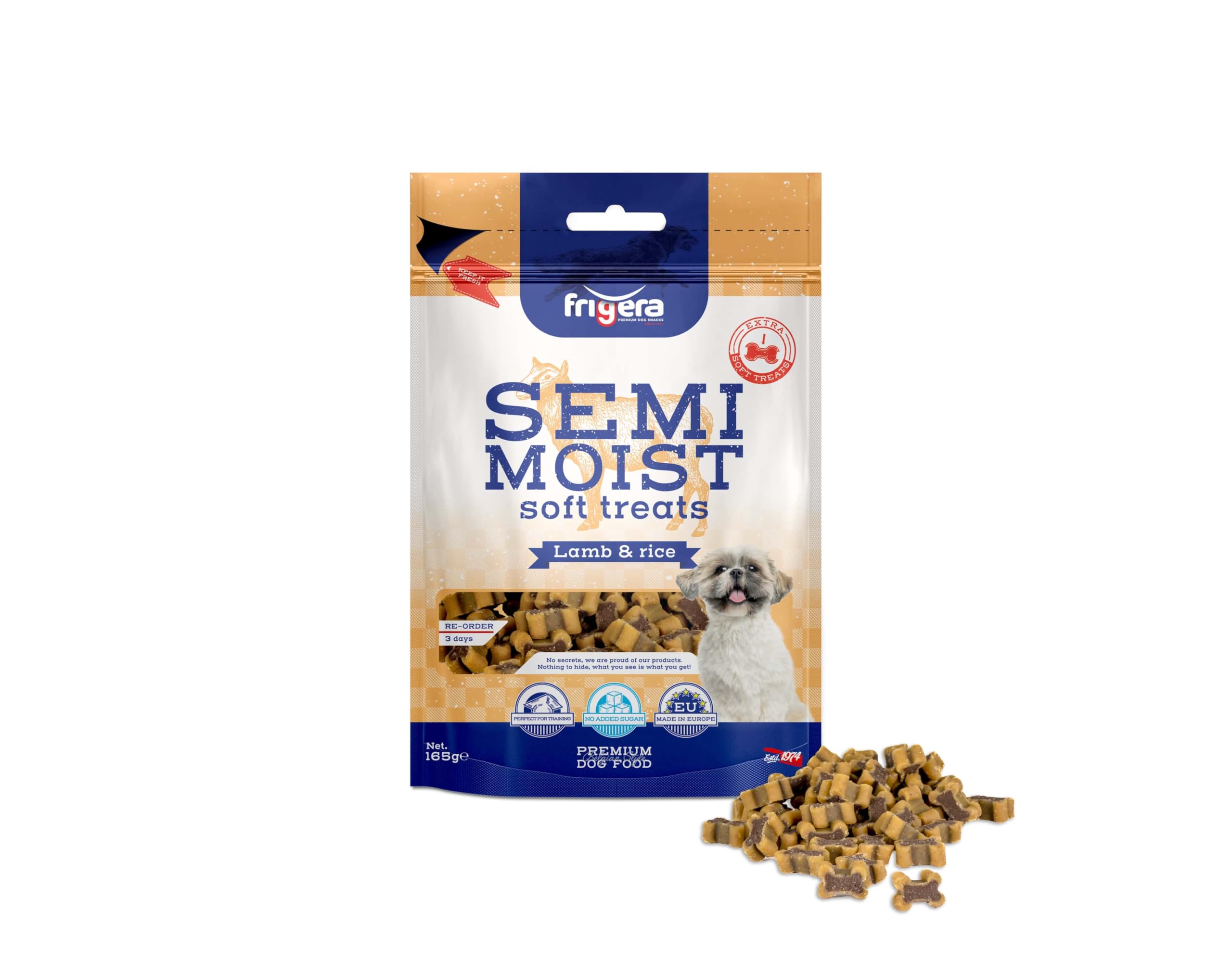 Frigera Semi-Moist Soft Treats Lamb & Rice 165g – Soft Dog Treats, Tasty Reward for Training & In Between, No Added Sugar, Made in Belgium