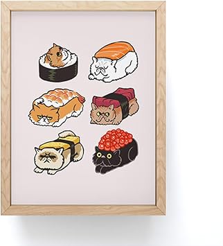 Society6 Sushi Persian Cat Framed Mini Art Print - Wall Decor by Huebucket - Framed, Small-Scale Work of Art with Gallery-Quality Ink, 3 x 4, Light Maple Frame