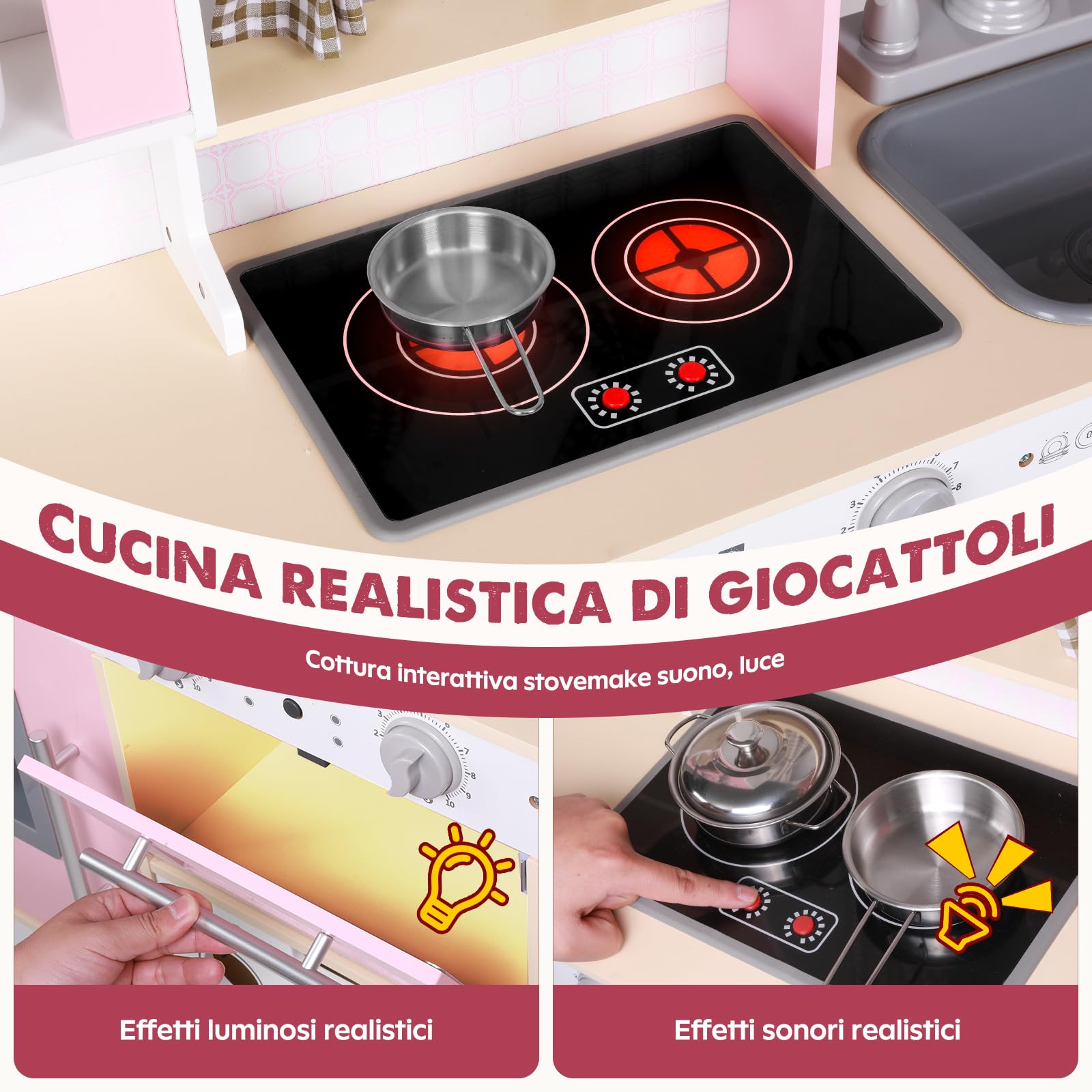 EDUBEBO Set da cucina per bambini, regolabile in altezza, viene fornito con vari accessori da cucina, giochi di ruolo per bambini dai 3 agli 8 anni (rosa)