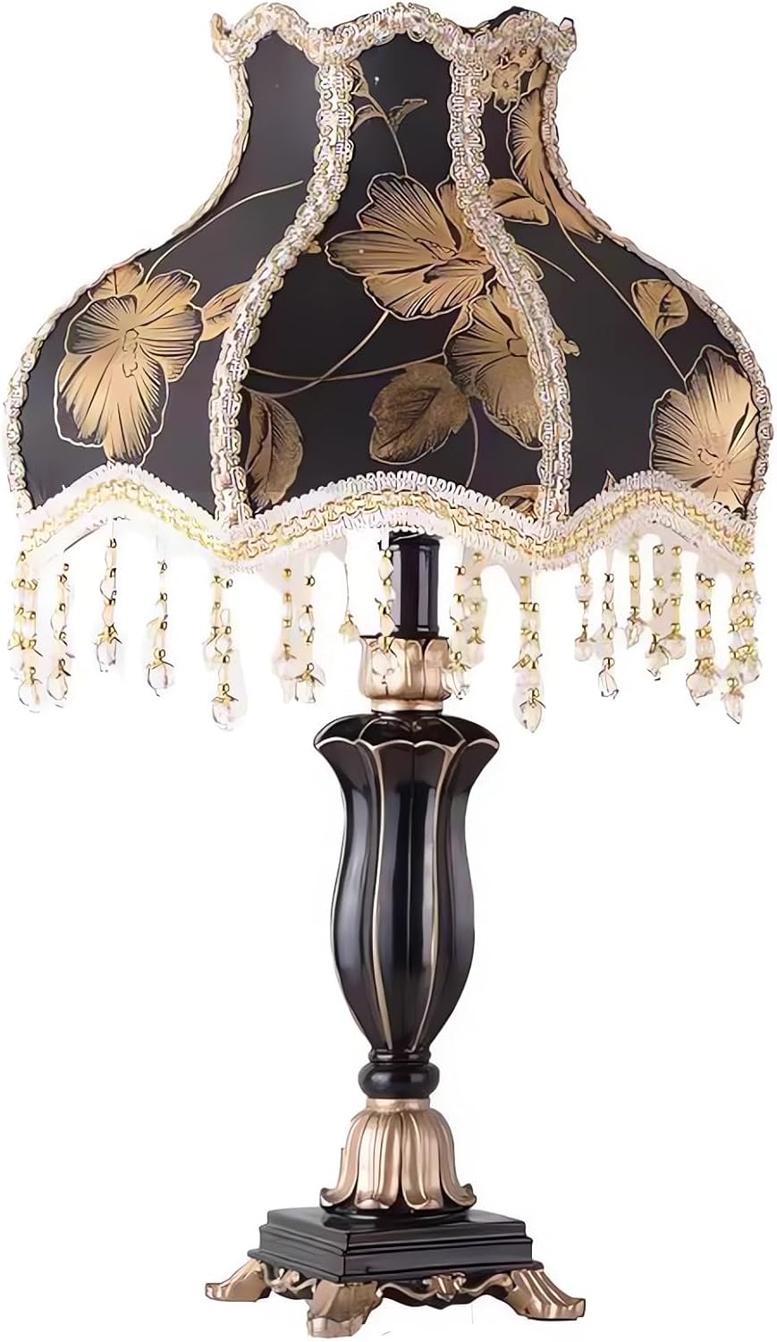 Victorian Table Lamp Handmade Fabric Lampshade European Style Desk Lamp with Antique Painted Resin Base Vintage Fabric Table Lamp for Bedroom Living Room Office (Black)